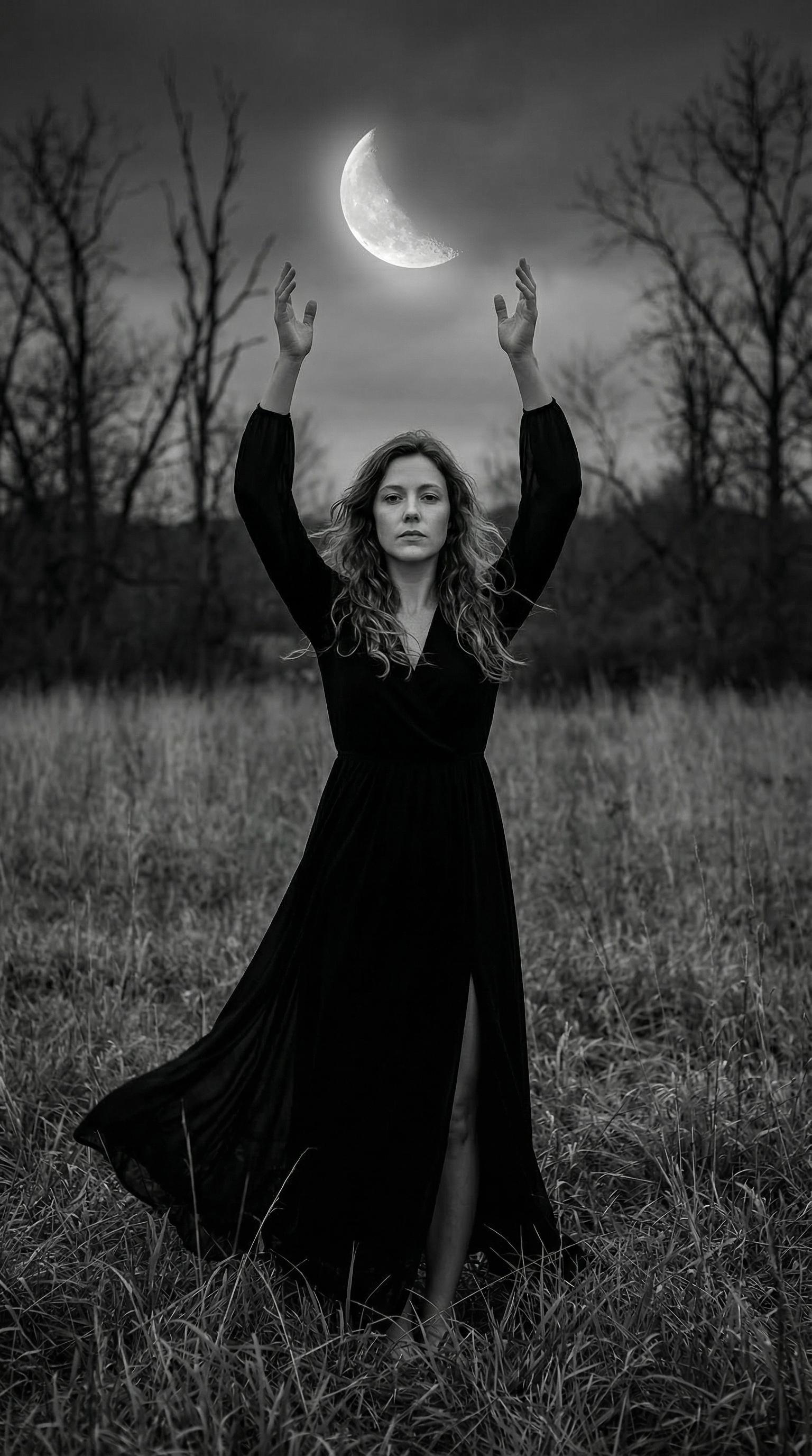 Field Crescent Moon Dramatic Sky Pose