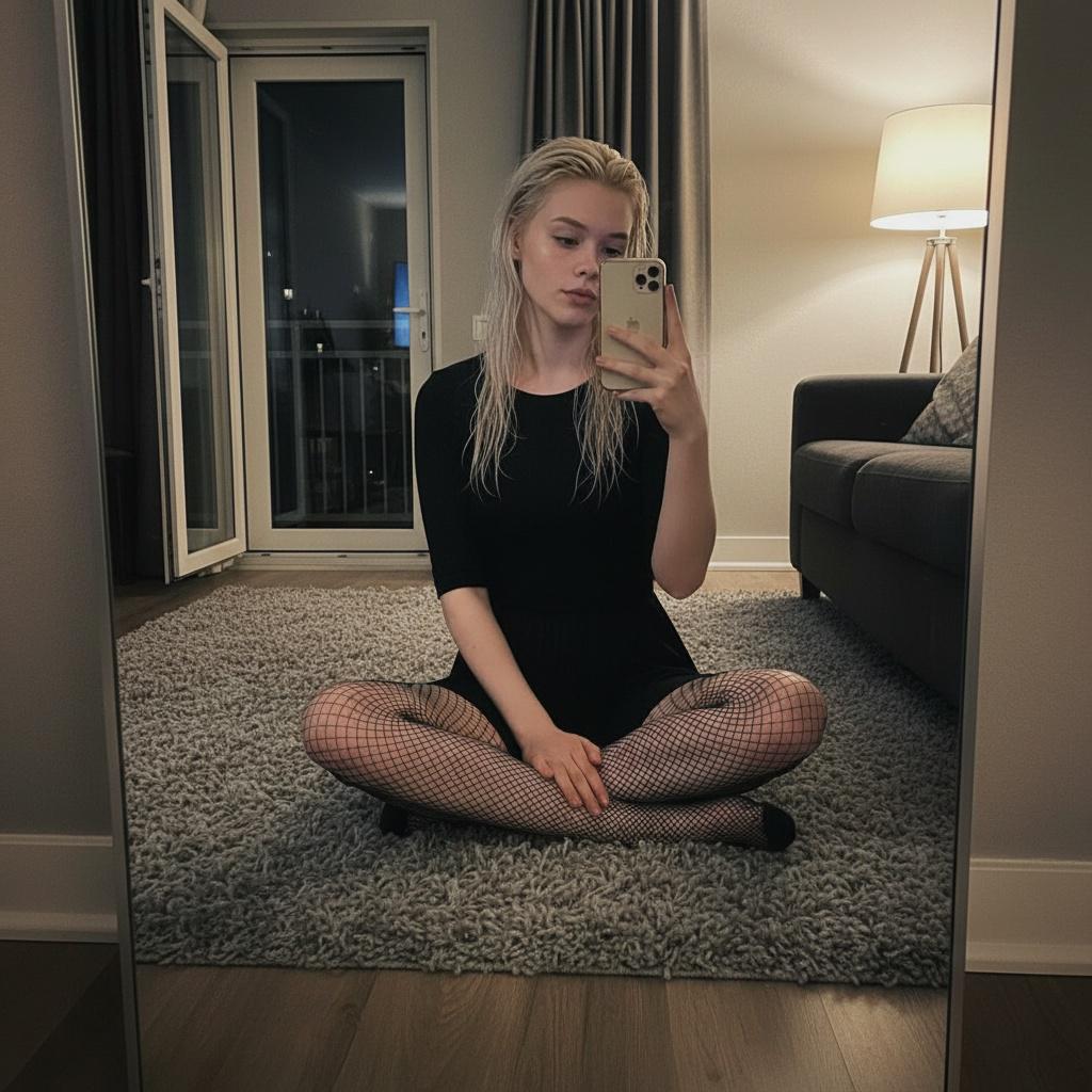Short Sleeved Black Dress And Black Fishnet In Plush Rug reference photo