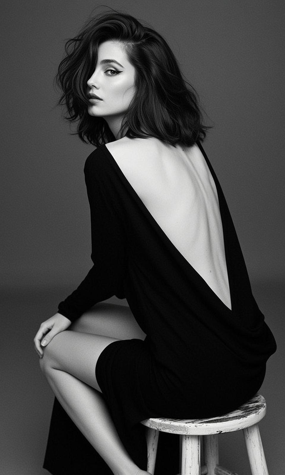 Black And White Medium Shot Portrait Woman With Dark Wavy reference photo