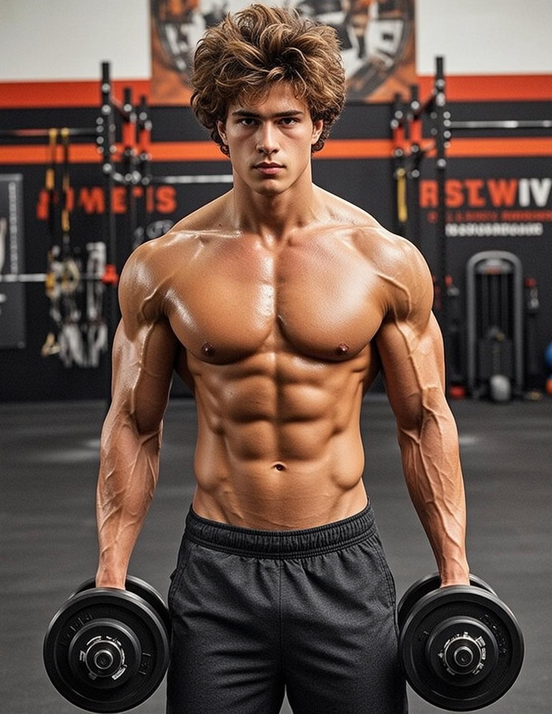 Muscular Medium Length Wavy Brown Tanned Dark reference photo
