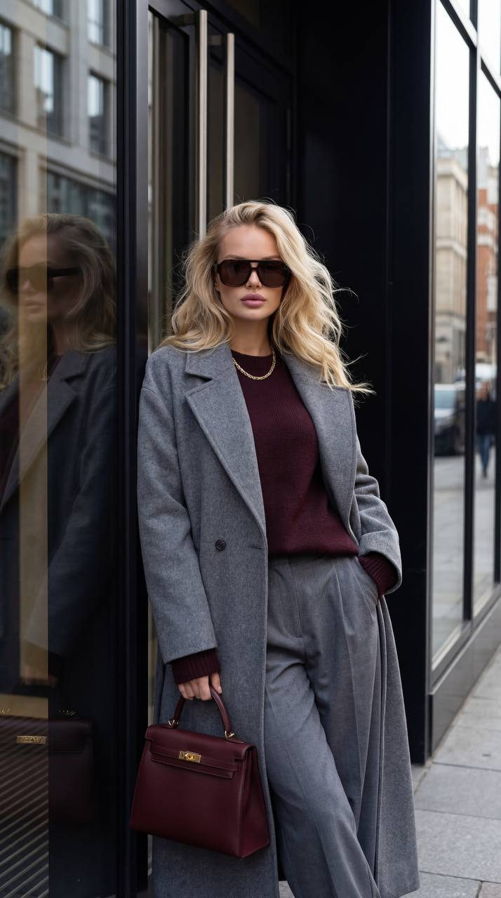 Street Fashion Model Leaning On Modern Building Entrance