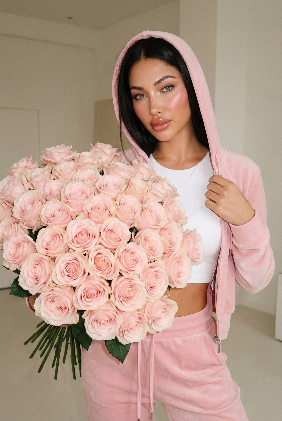 Young Woman Pink Roses Luxury Indoor