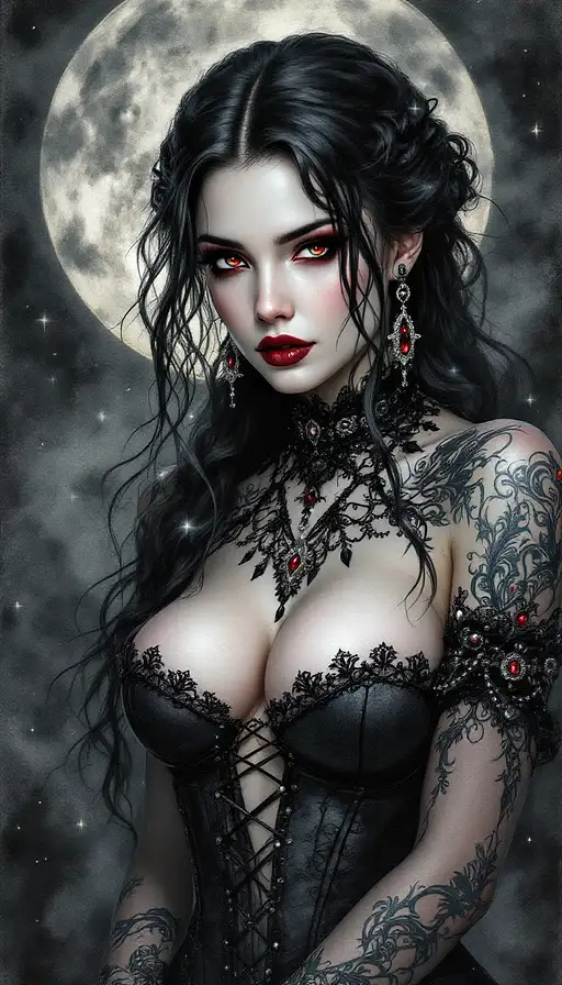 Watercolor portrait of a gothic goddess wearing black corsets, intricate lace stockings, adorned with deep crimson highlights.