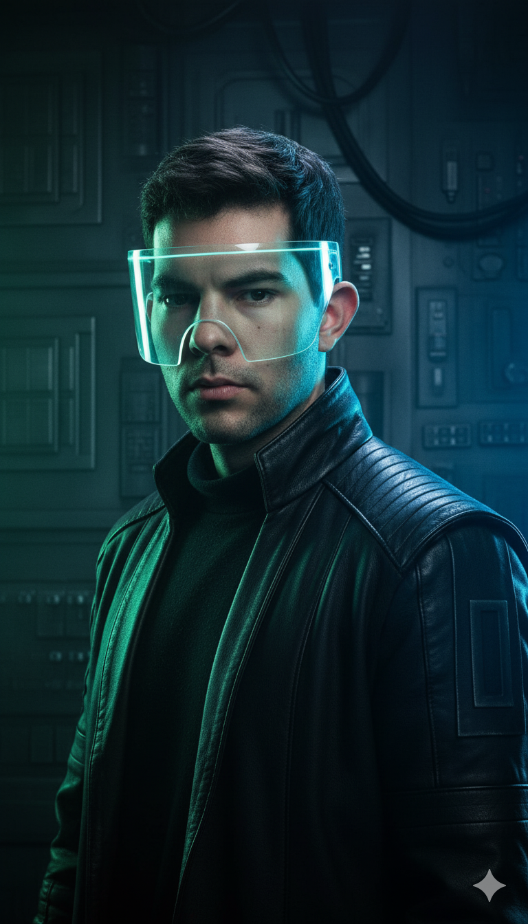 Studio portrait of a heroic adult man in a dark futuristic coat, with dramatic lighting and a blue-green illuminated visor.