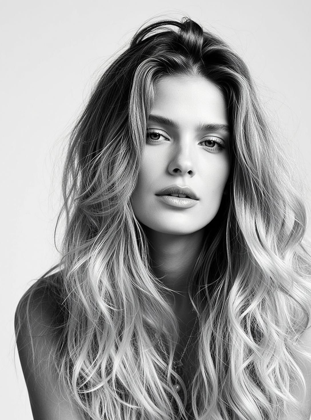 Photorealistic Black And White Medium Close-up Portrait Young Woman With reference photo