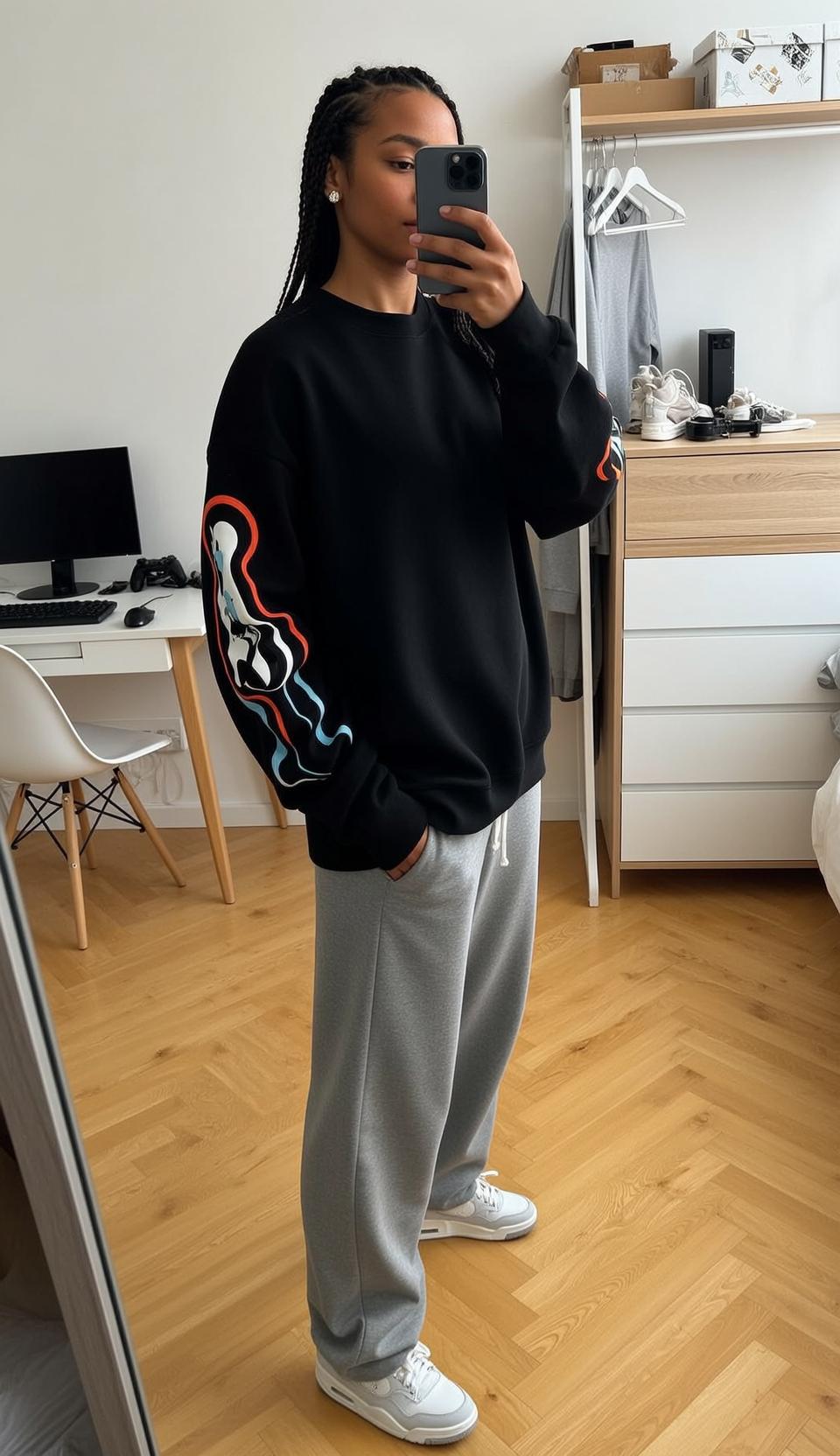 Graphic Sweatshirt Mirror Selfie reference photo