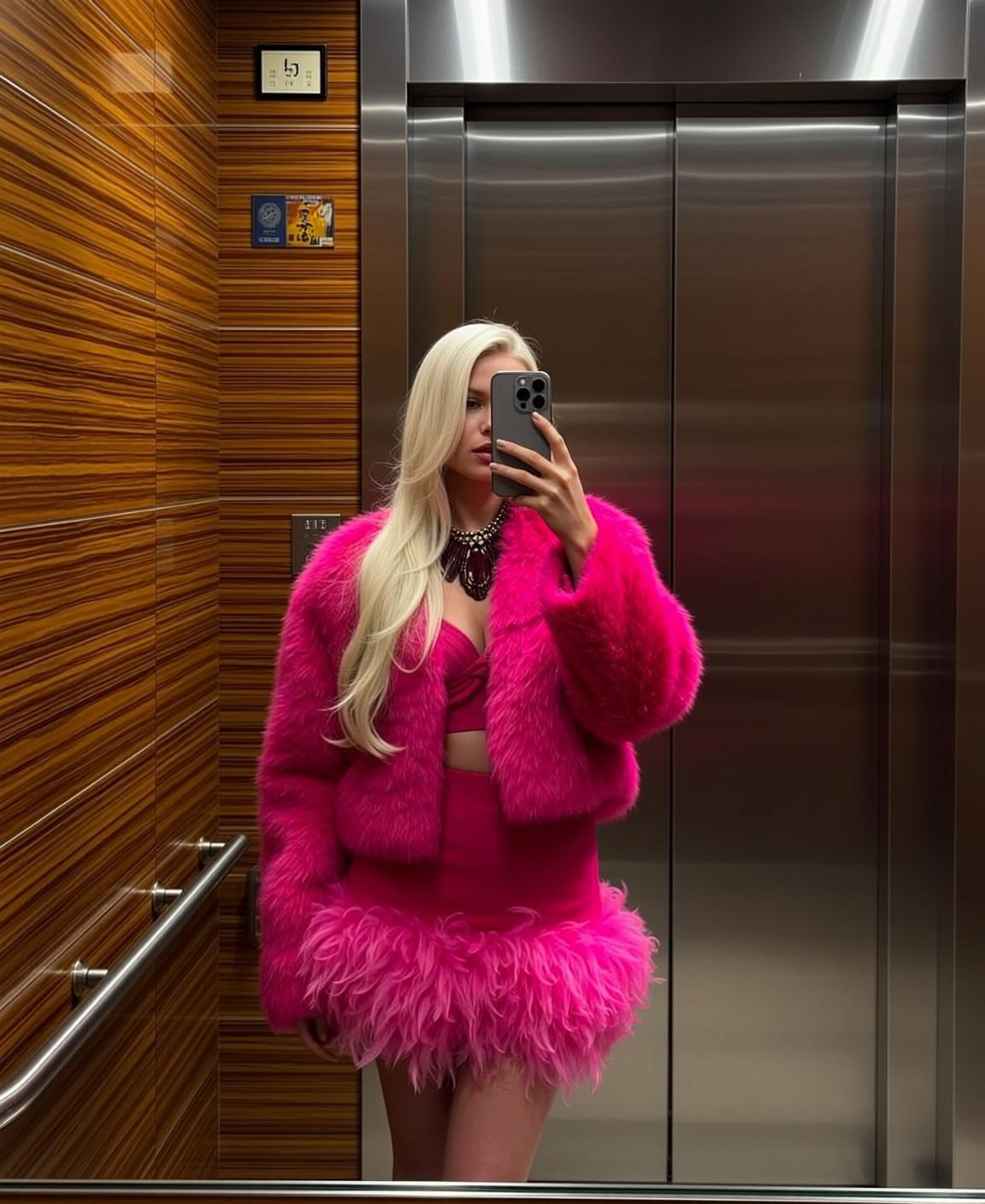 Barbiecore Stands Elevator Holding Smartphone Her Right reference photo