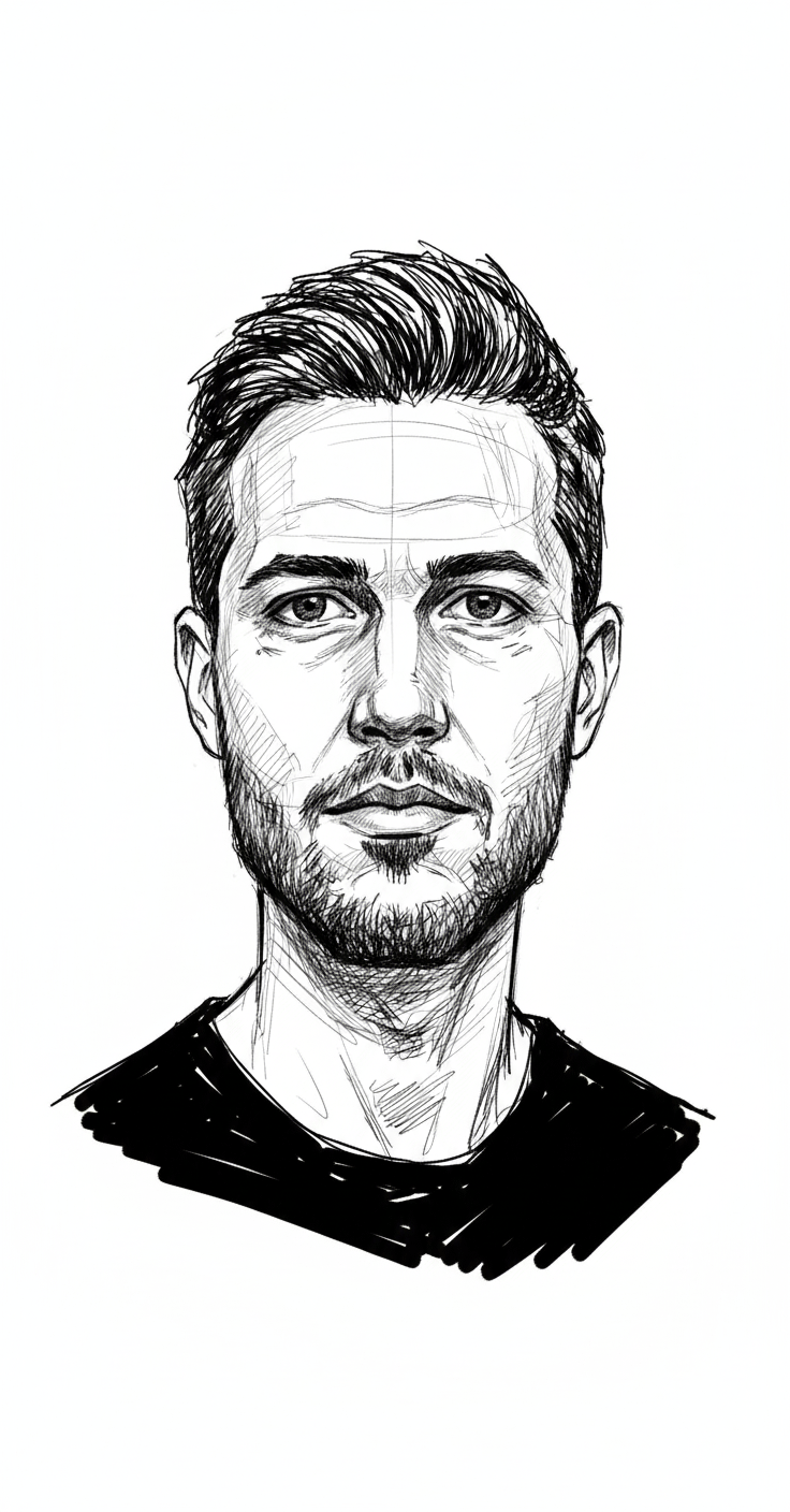 A loose, scribbled sketch portrait featuring rough pen strokes and high-contrast black ink on a clean white background.