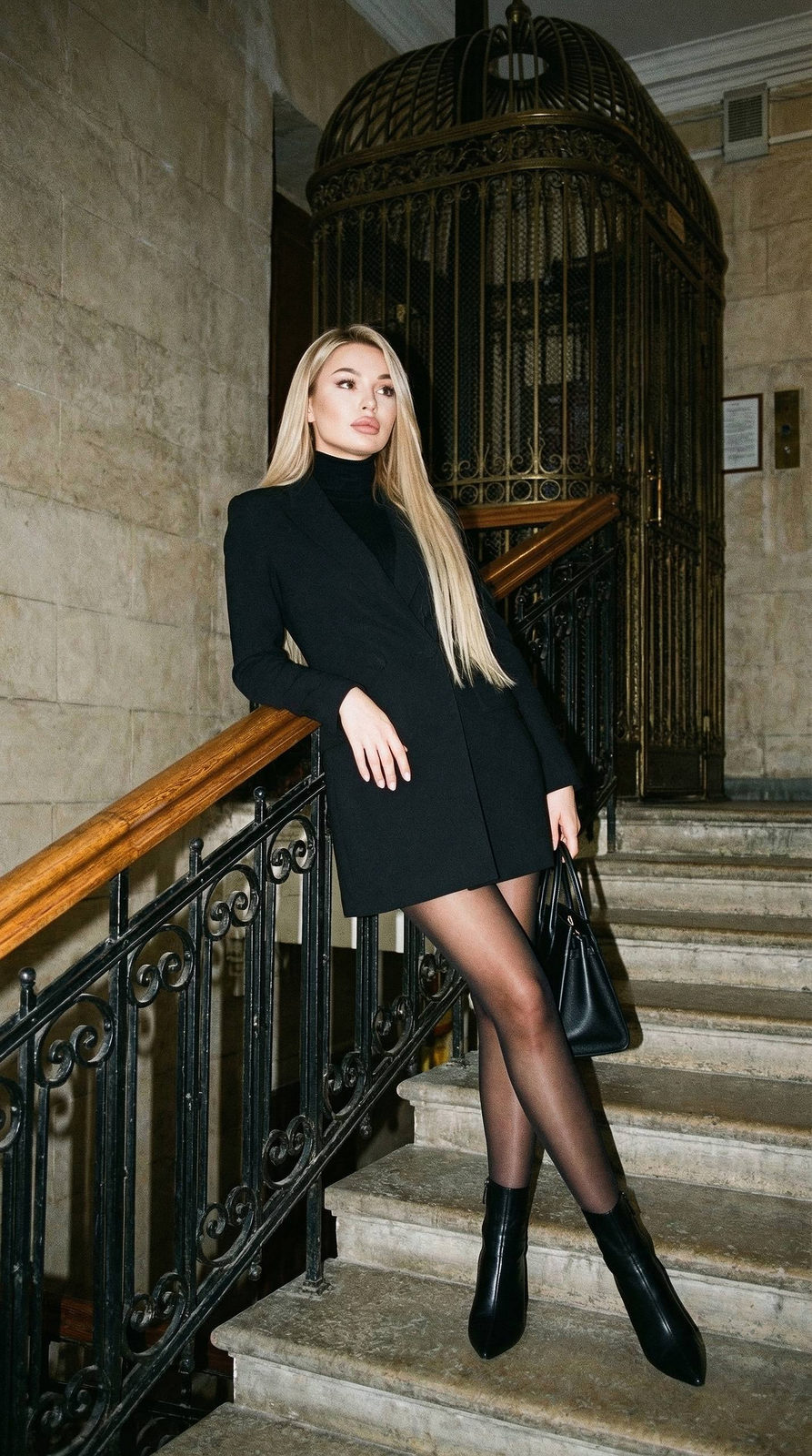 Vintage Elevator Staircase Girl Portrait