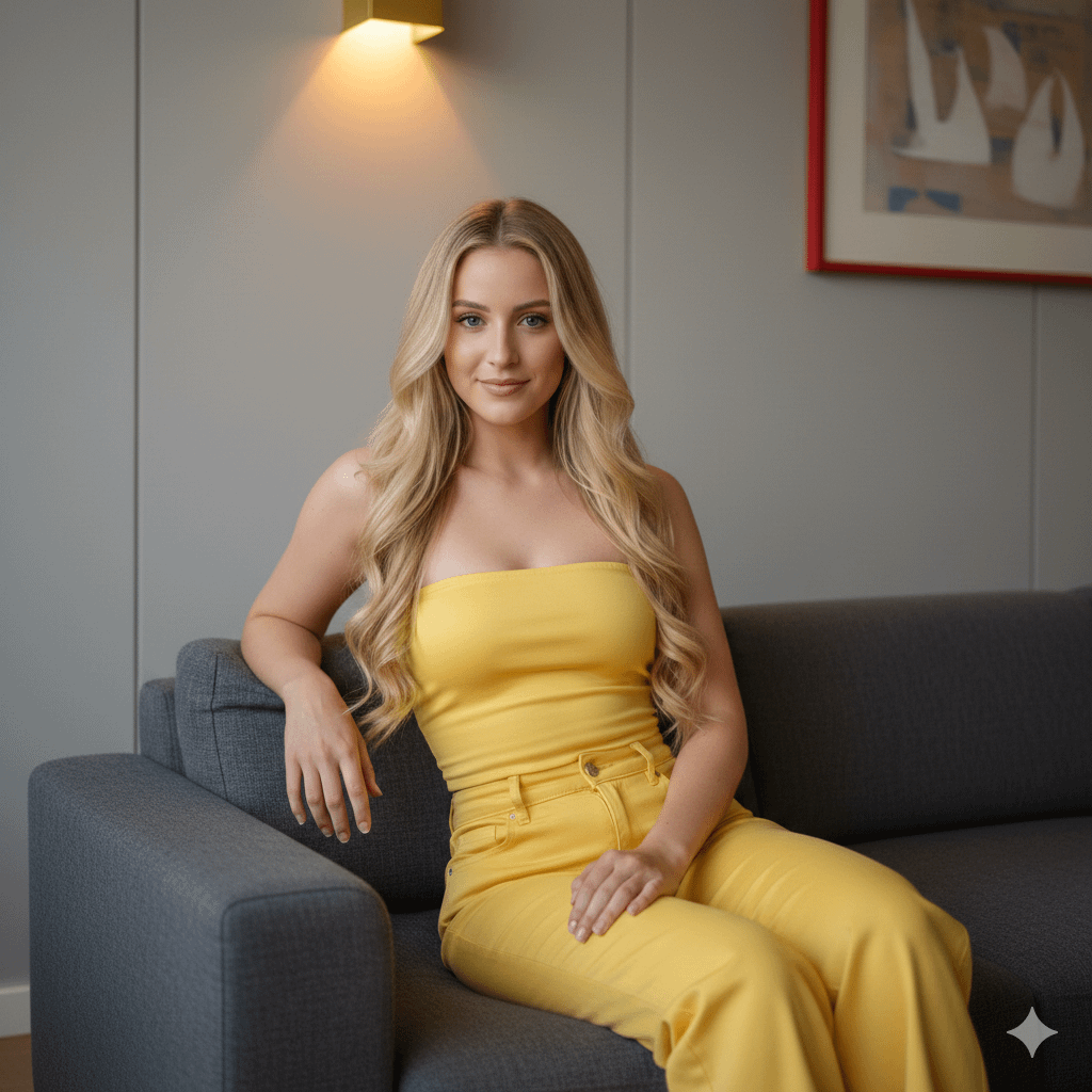 A woman with long wavy hair seated on a gray sofa, wearing a bright yellow top and high-waisted jeans, smiling softly.