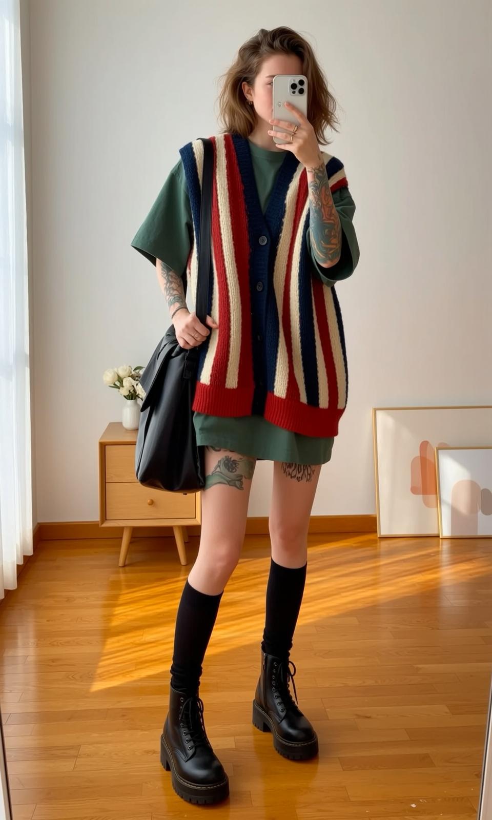 Green Shirt and Green Mini Dress Mirror Selfie reference photo