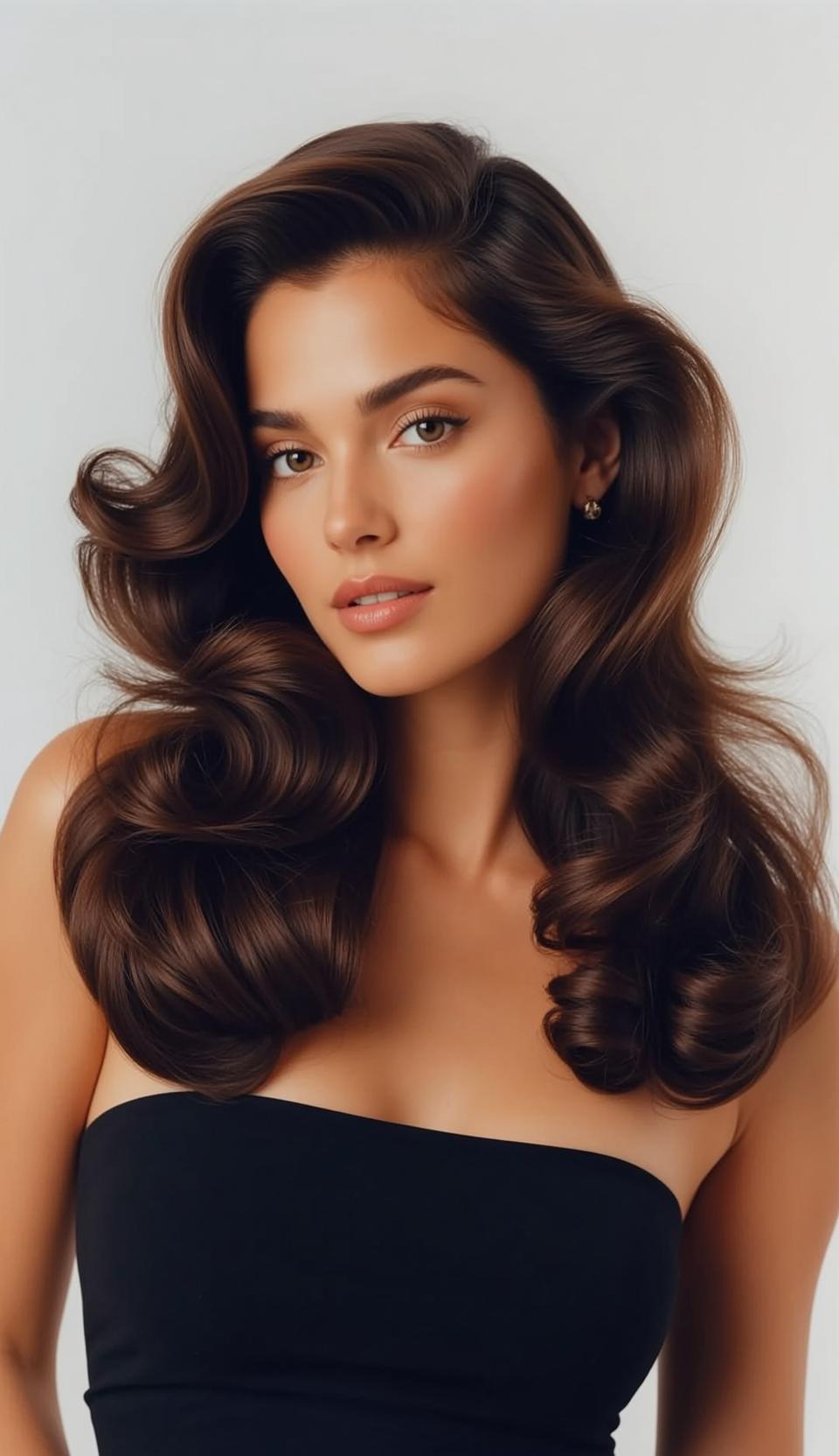 Glamorous Studio Portrait Dark Wavy Hair reference photo