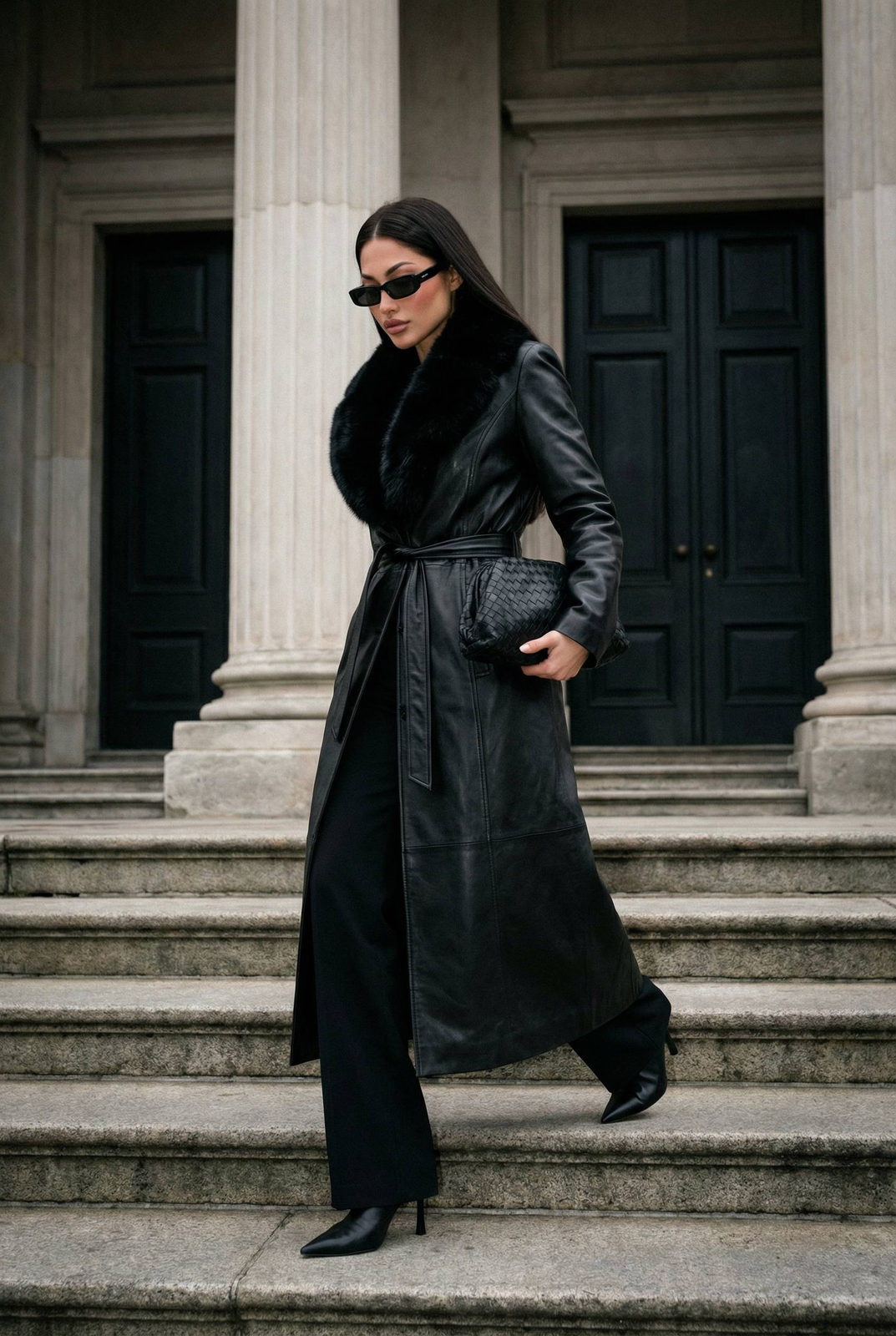 Monochrome Leather Coat Stone Steps Portrait