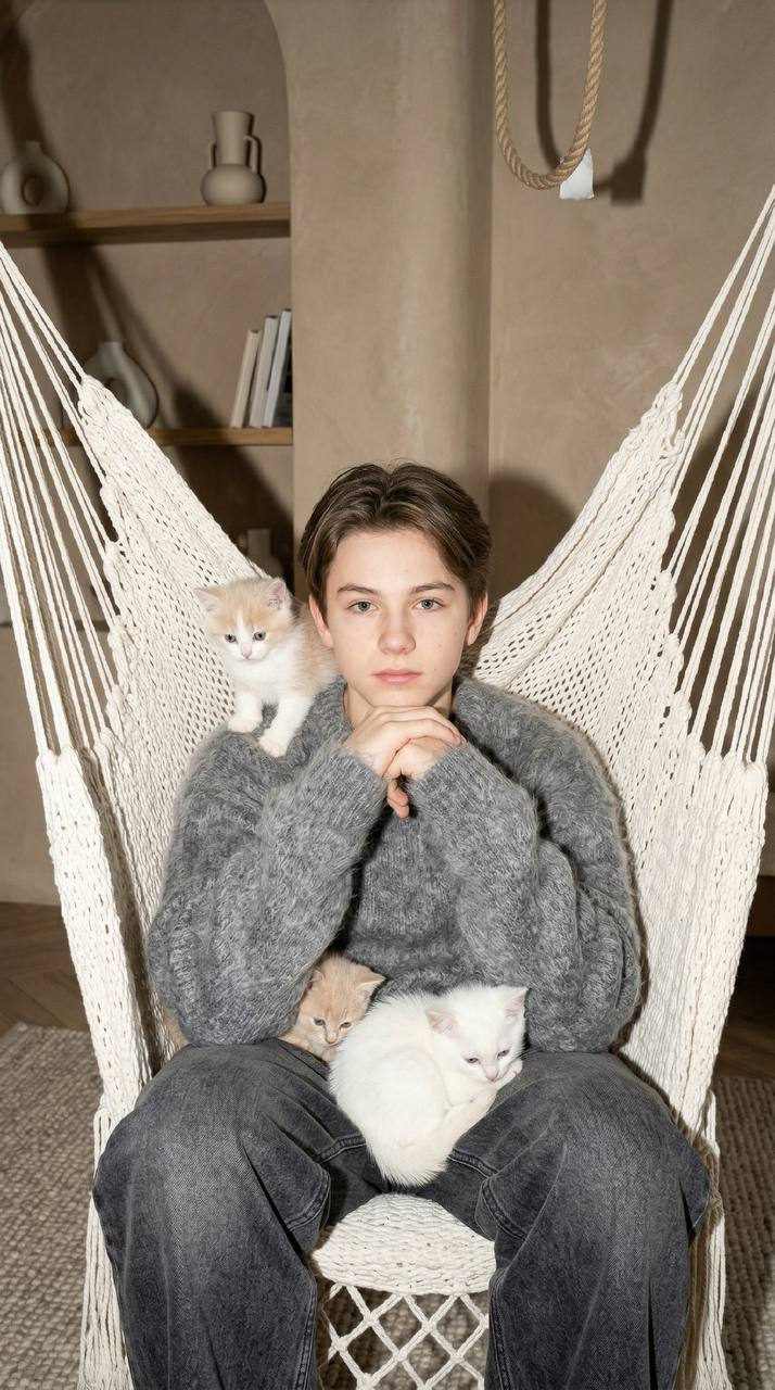 Teen Boy White Chair Kittens Flash