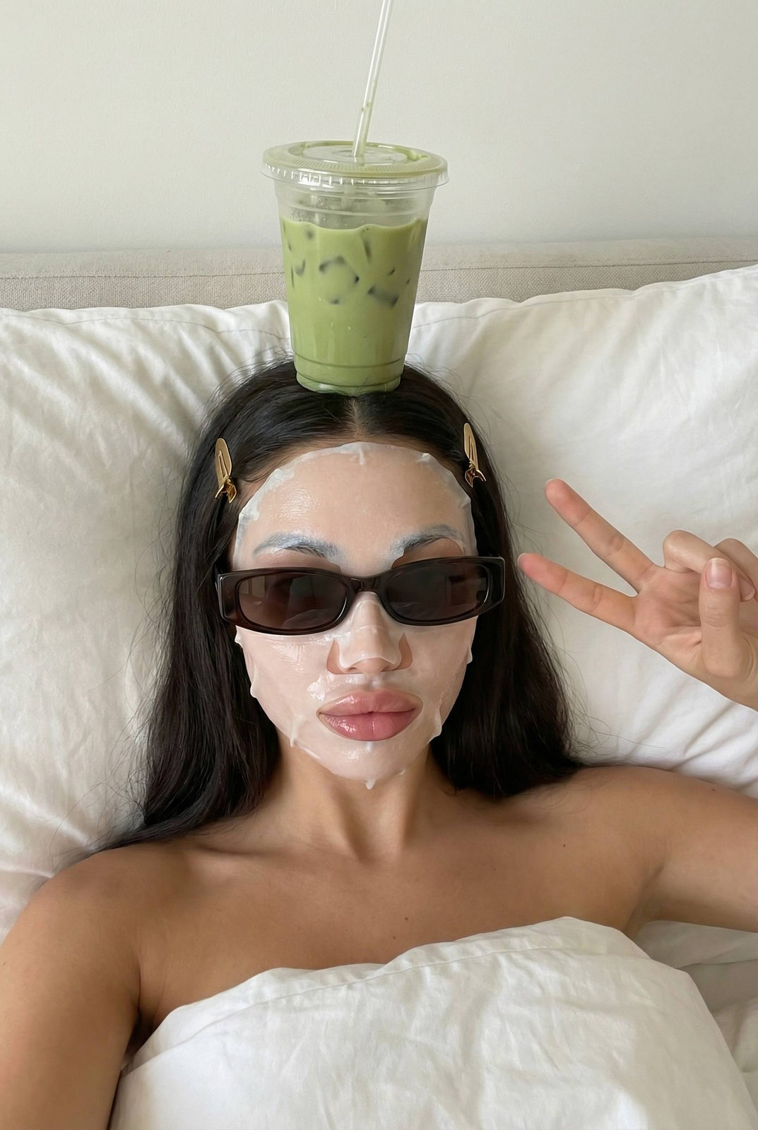 Bed With Matcha On Head Peace Sign