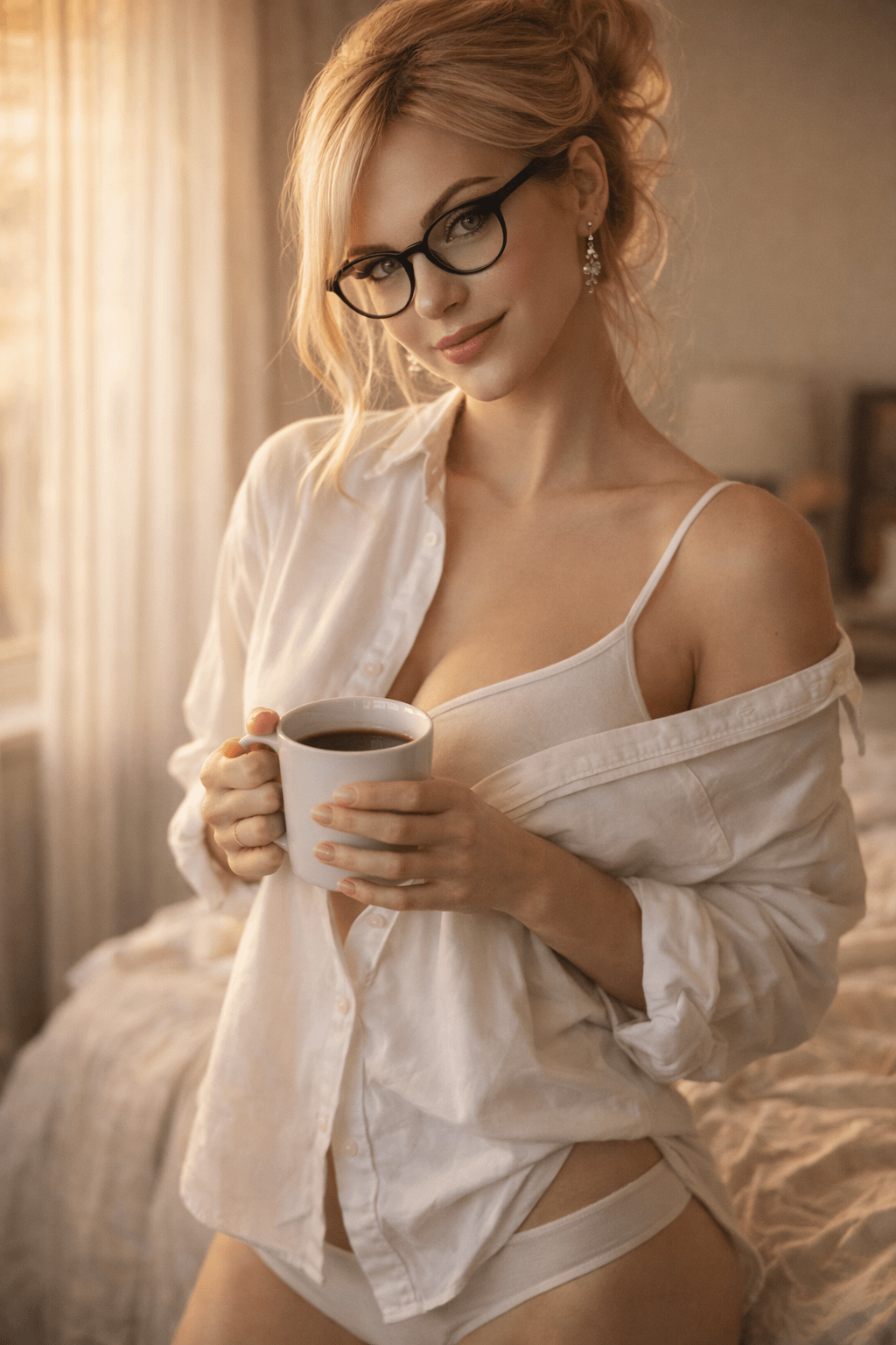 A woman in an oversized white shirt casually holds a cup of coffee by the window, with soft morning light illuminating her relaxed expression.