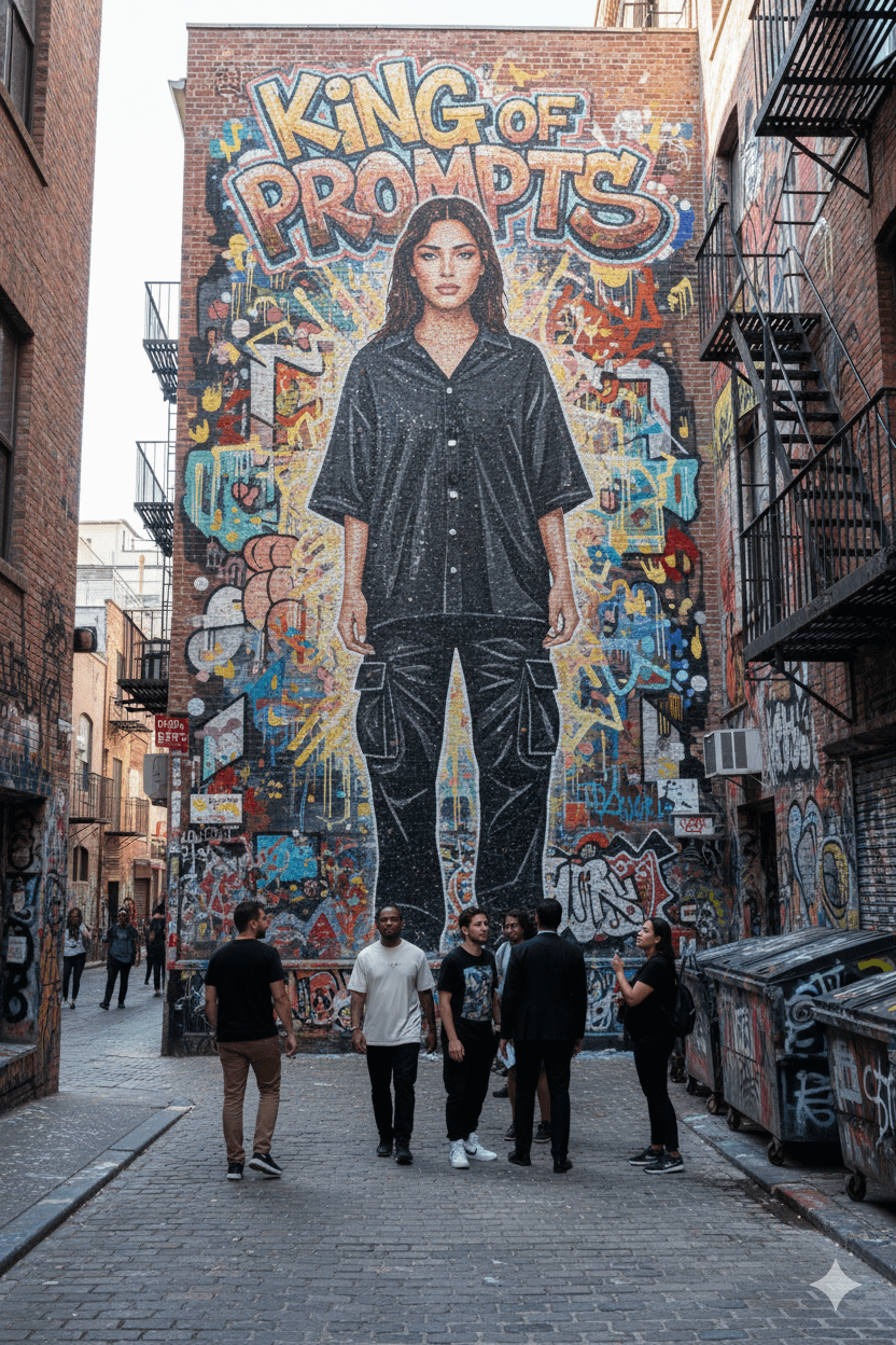 A vibrant mosaic mural in a graffiti-filled alley featuring a gender-neutral person in black oversized clothing.