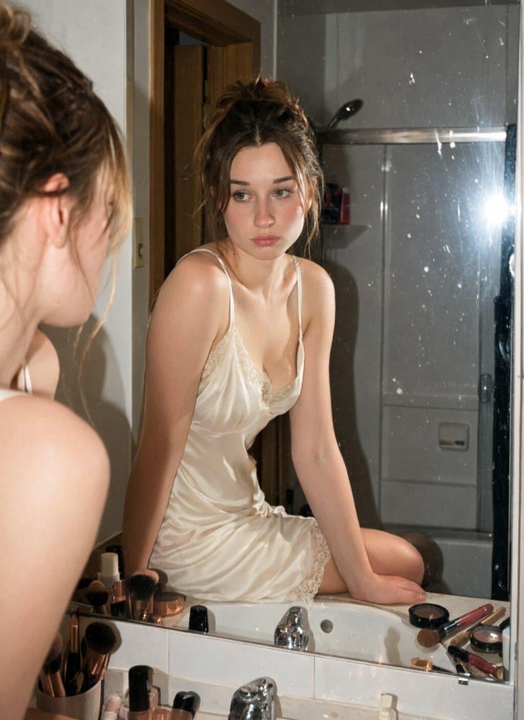 A woman in a vintage silk slip dress seated on a cluttered vanity counter, leaning toward the mirror with a cool expression.