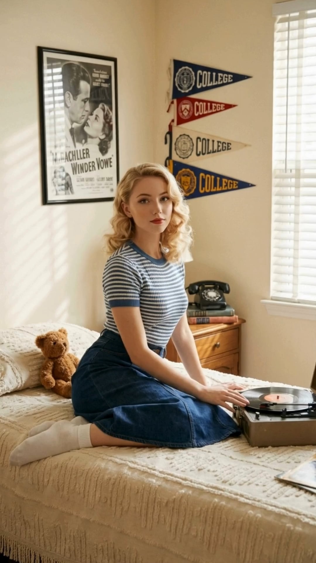 Realistic Woman Bed Vintage Record Player