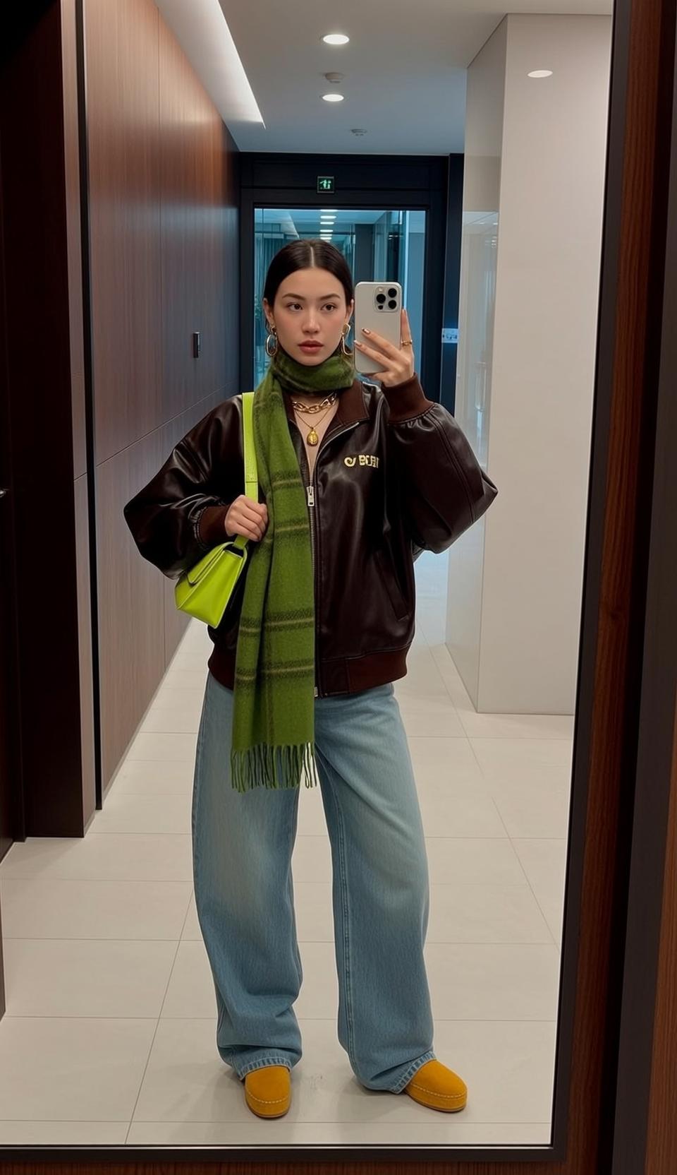 Leather Jacket Green Scarf Selfie reference photo