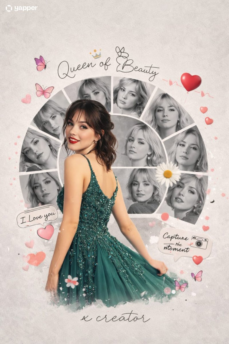 Peacock Green Frock Woman Collage Pink Butterflies