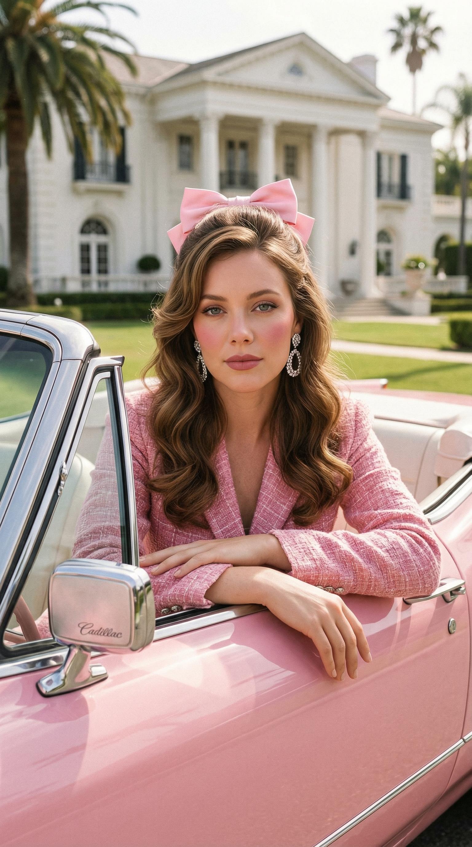 Pink Vintage Convertible Fashion Portrait Long Wavy Hair