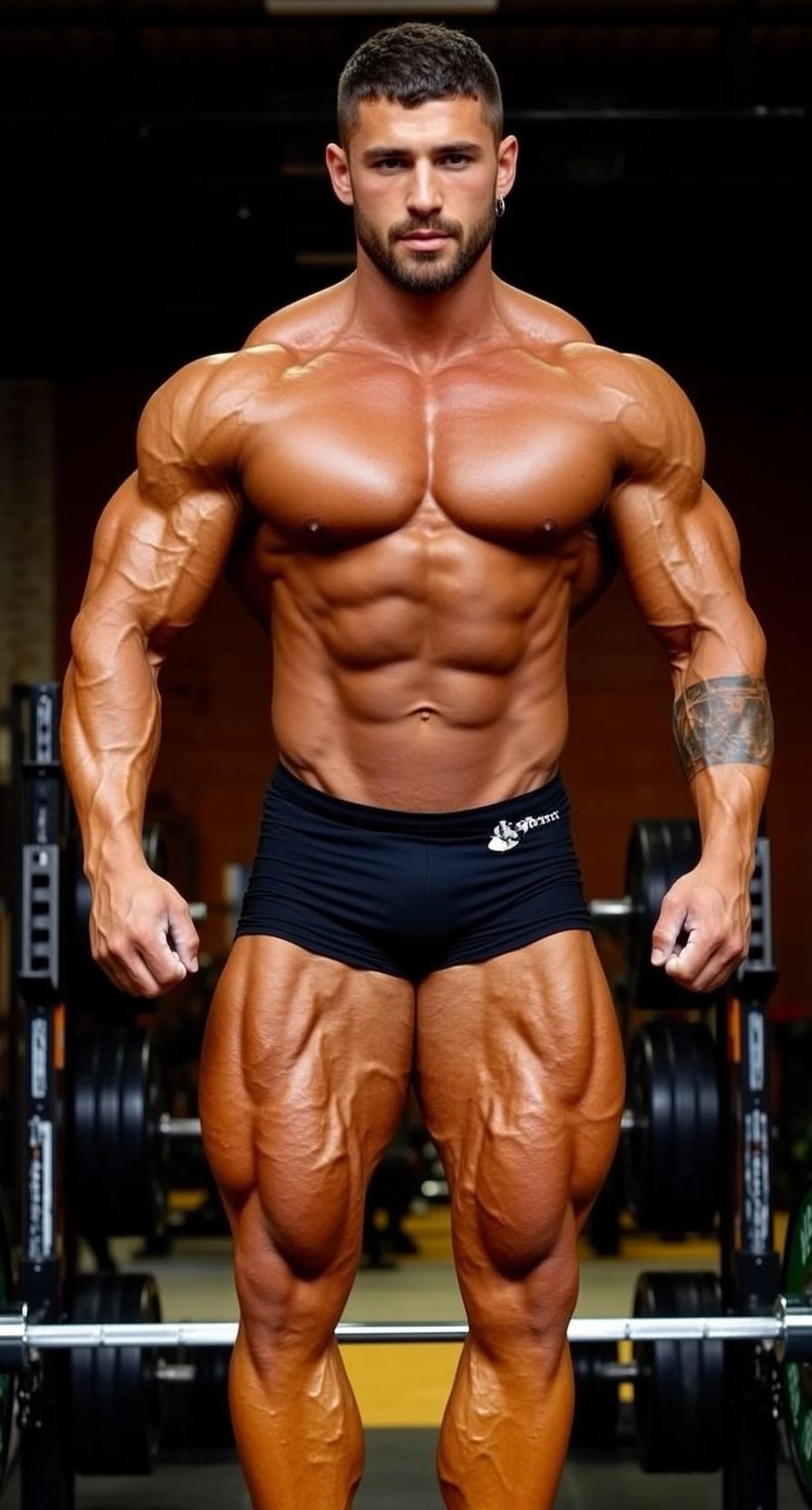 Very Muscular Short Dark Hair Tanned Skin reference photo