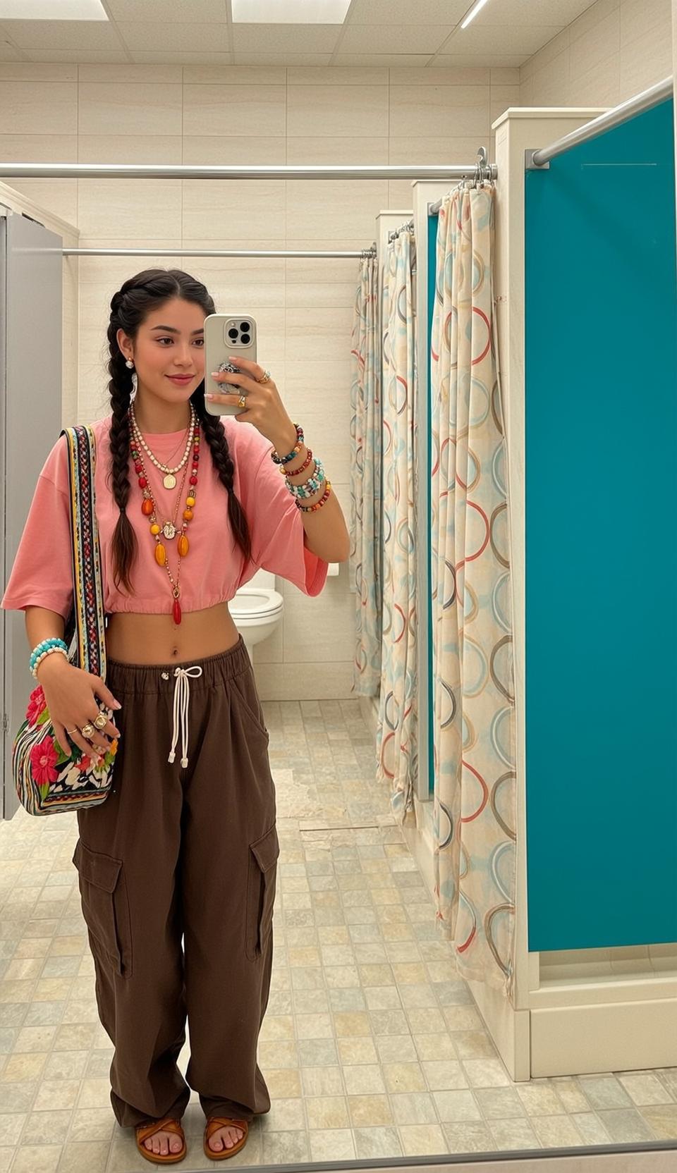 Bathroom Stall Selfie Pink Shirt Brown Pants reference photo