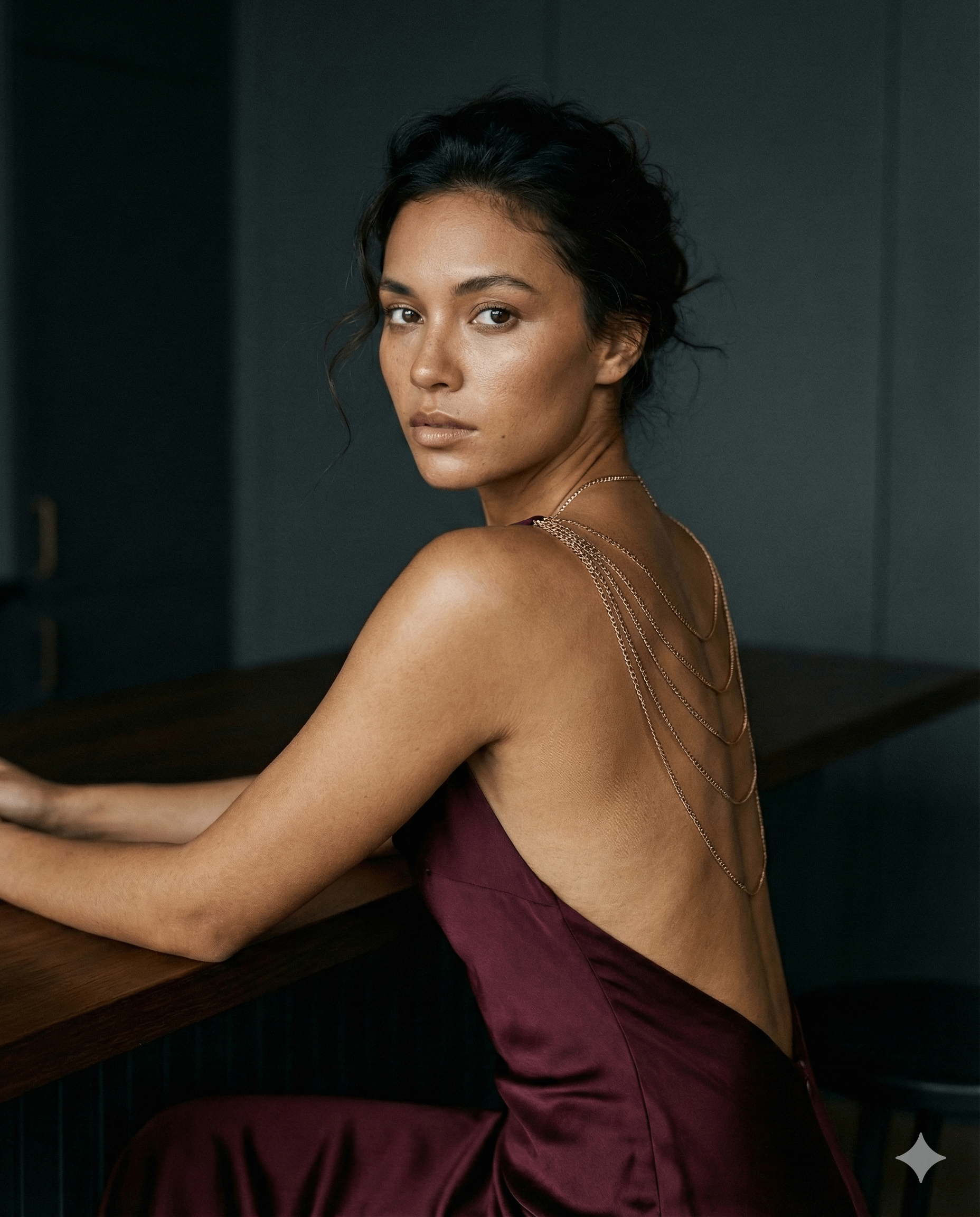 A woman with a calm, confident expression sits at a dark wood counter, wearing an elegant burgundy open-back dress, soft light highlighting her features.