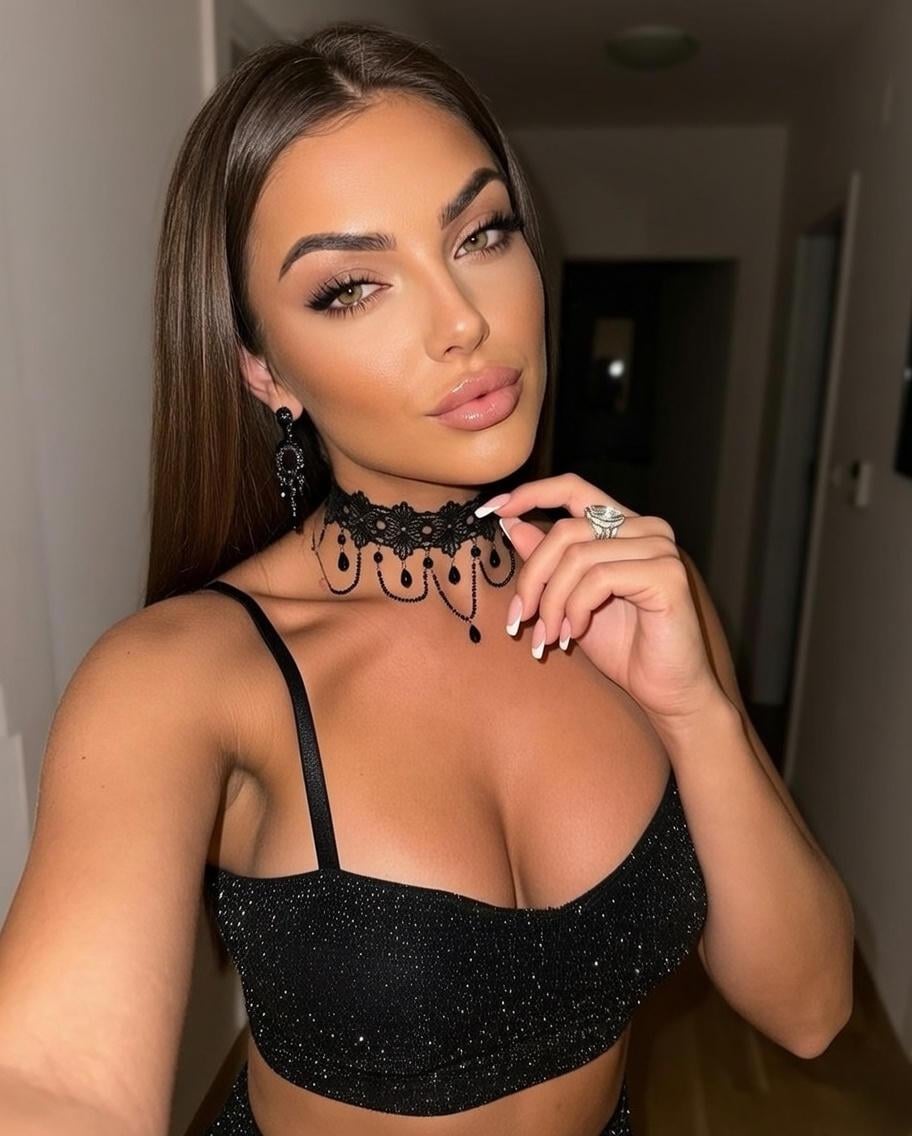 Sparkly Crop Top Lace Choker Dimly Lit Hallway reference photo