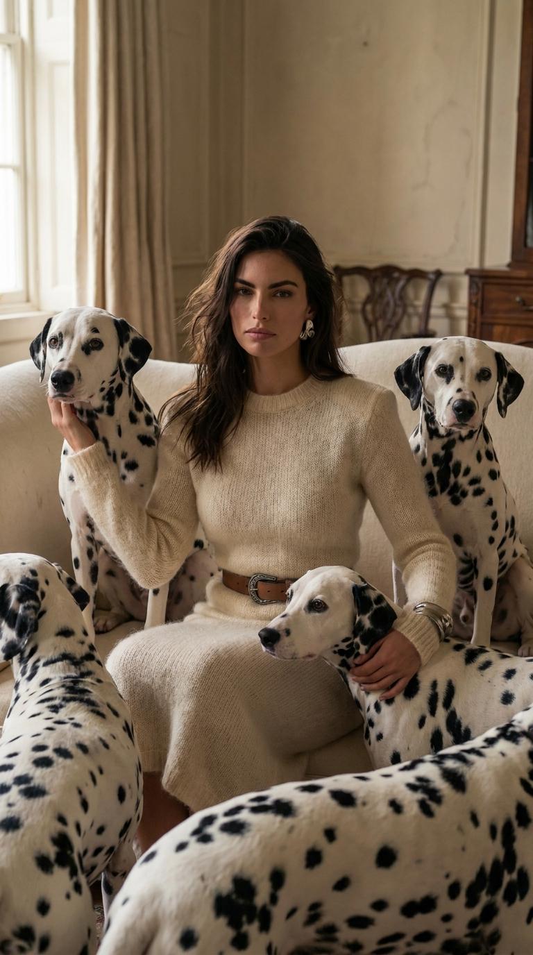 A woman in a cream sweater dress cuddles a Dalmatian on a soft sofa bathed in natural light.