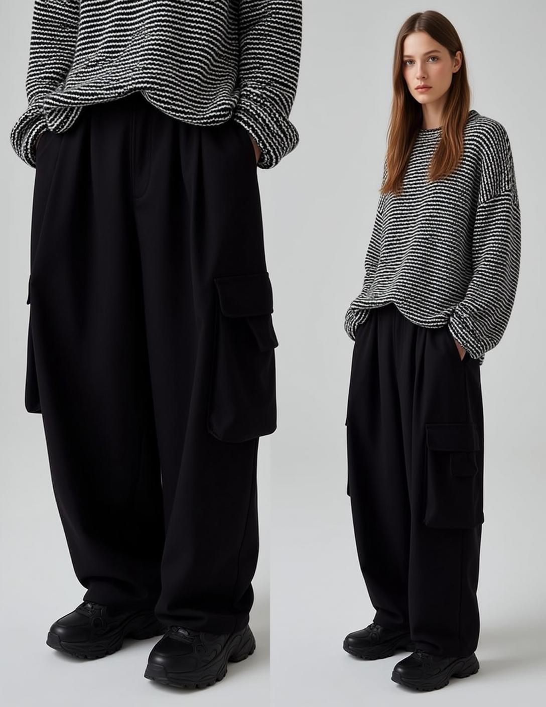 White Sweater and Black Cargo Pants on Studio reference photo