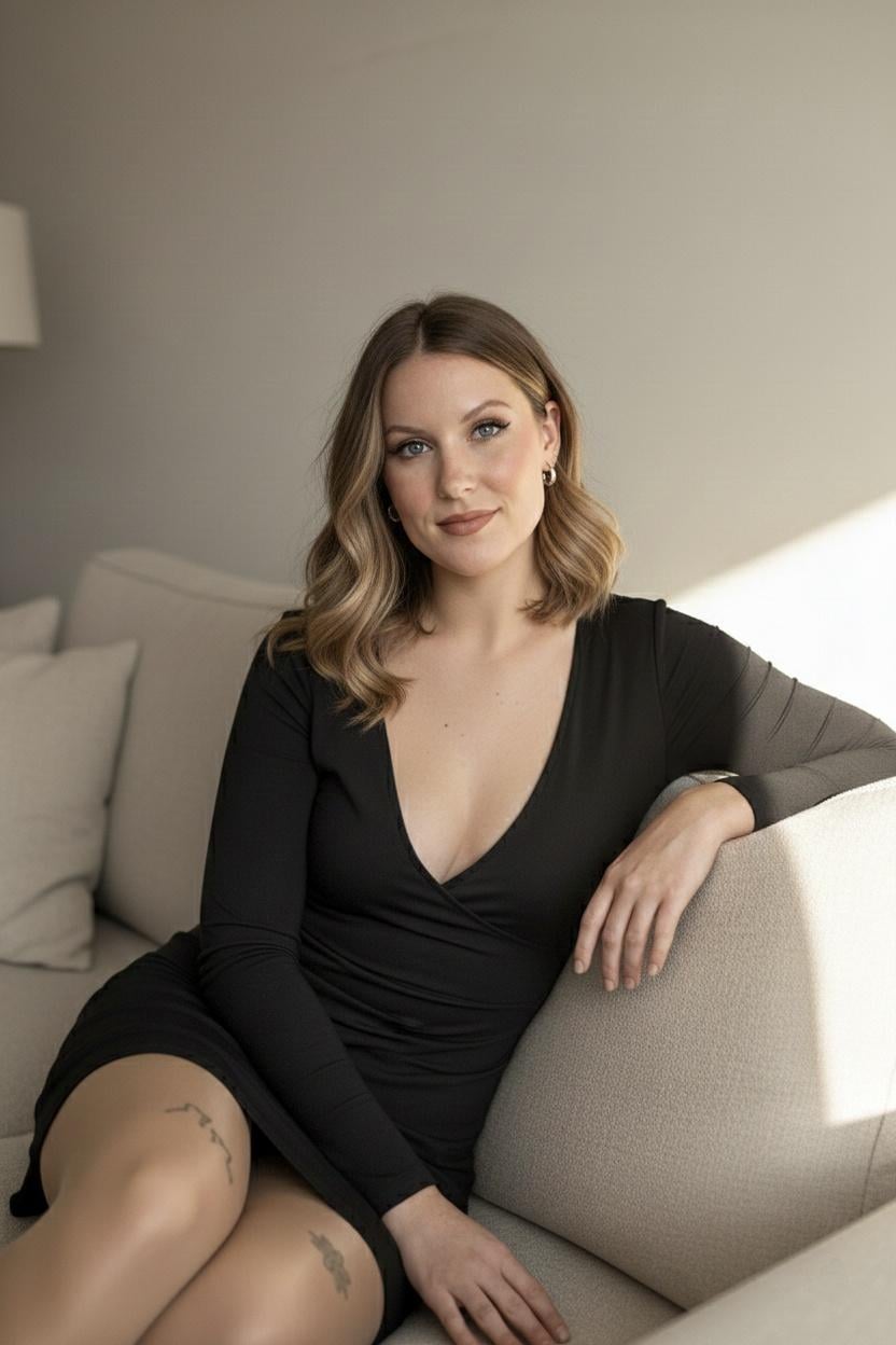A woman in a low-cut black dress seated on a light sofa, with long brown hair and subtle makeup, smiling gently in natural light.