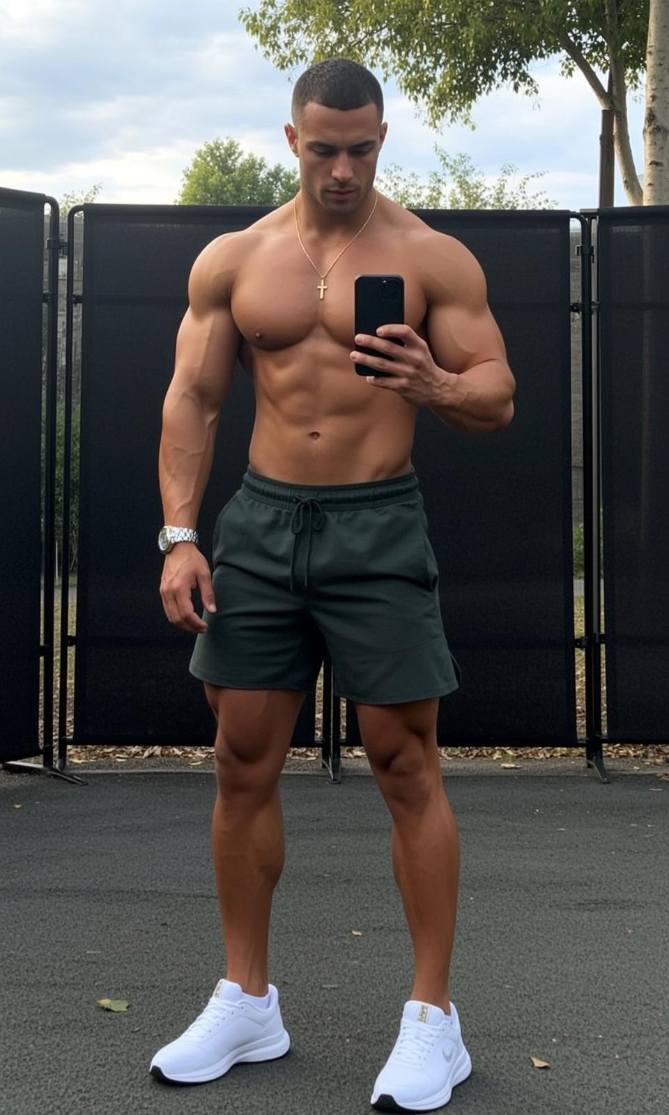 Muscular Short Buzz Cut Tanned Dark Green reference photo