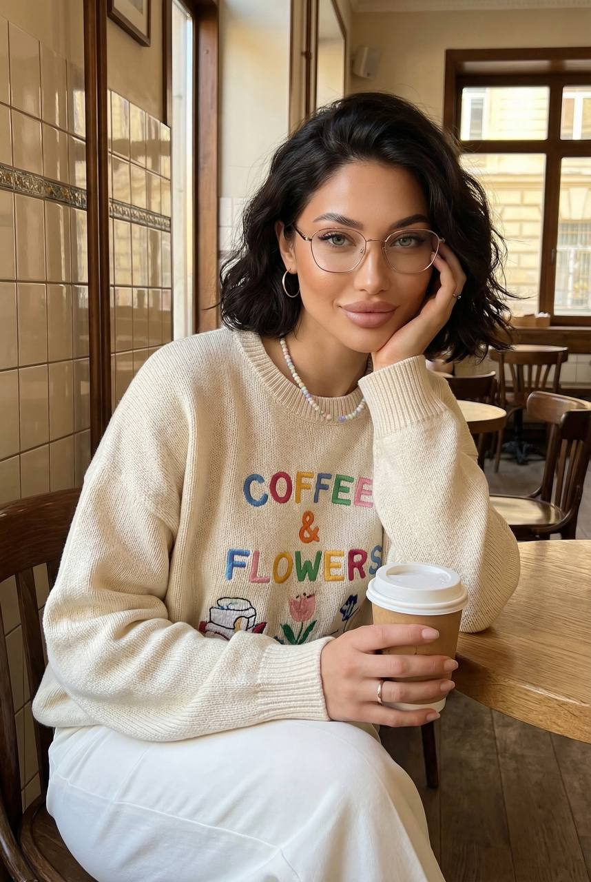 Cream Knit Sweater At Cafe Table