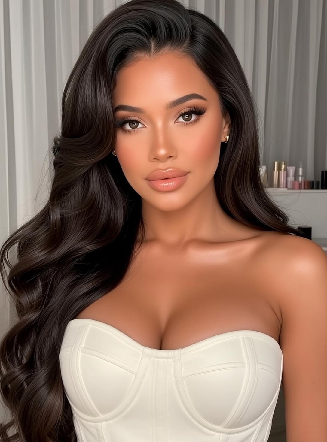 Woman White Corset Makeup Shelf Soft Light reference photo