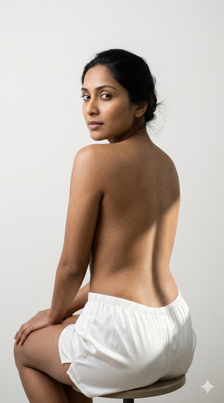 A woman seated with her back to the camera, torso twisted, revealing a textured spine under soft studio lighting with a diagonal shadow.
