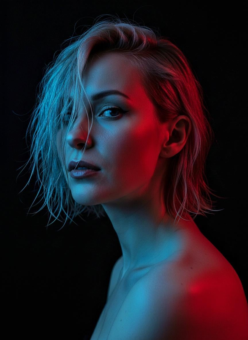 A sultry side-glance portrait featuring a woman with damp hair in colored shadows.