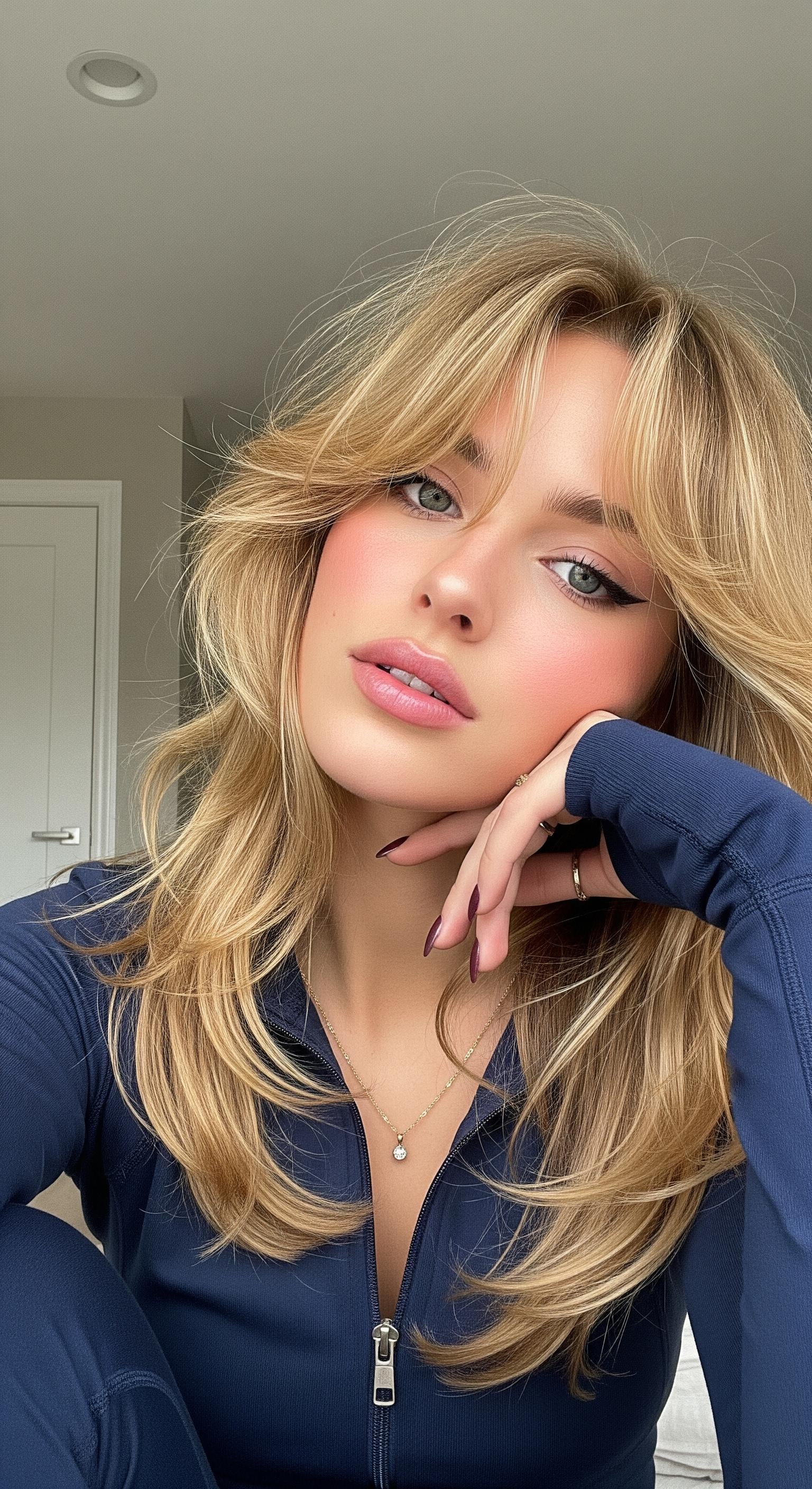 Close-up portrait of a young woman with long golden hair, wearing a navy athletic jacket, showcasing a dreamy expression in soft natural light.