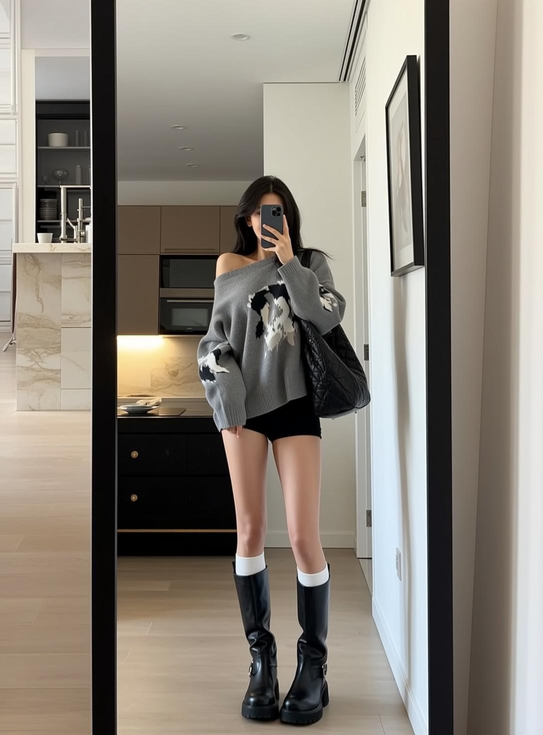 Pattern Sweater Kitchen Mirror Selfie reference photo