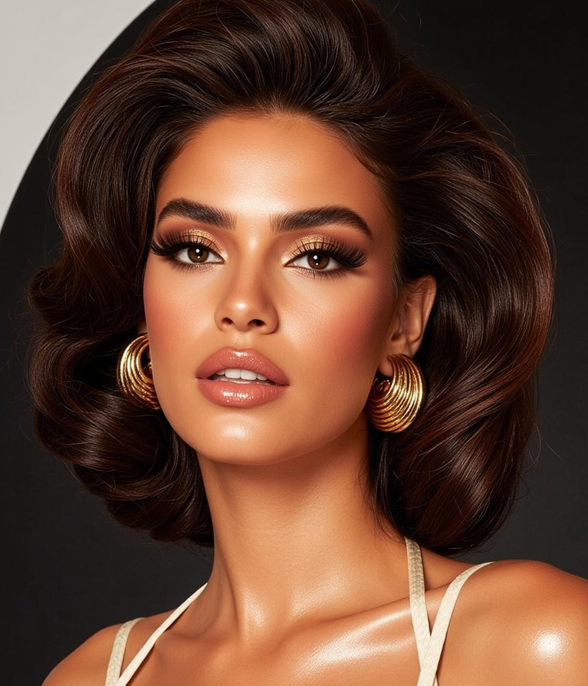 Close-up Portrait Woman With Rich Dark Brown Hair Styled Voluminous reference photo