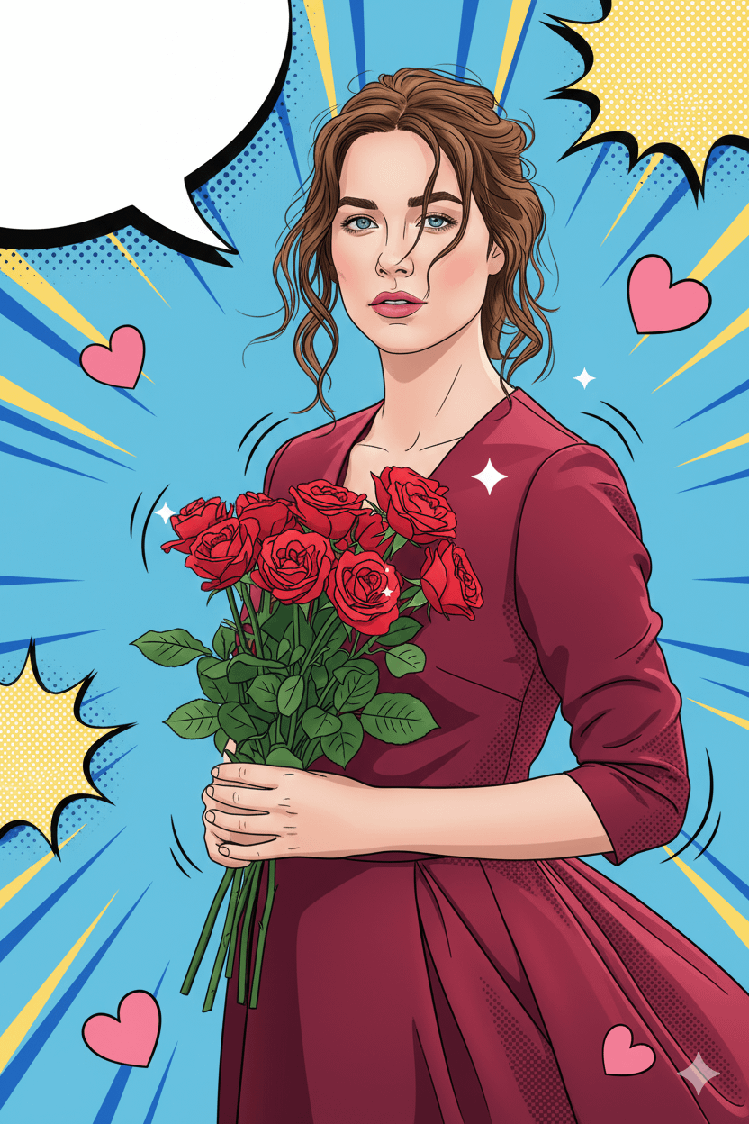 Pop Art Woman Red Dress Roses