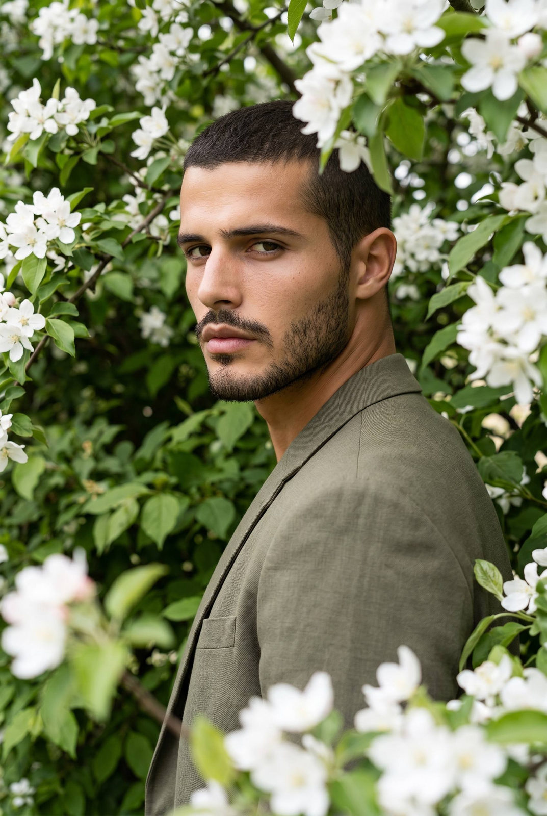 Olive Jacket Among Spring Flowers Garden