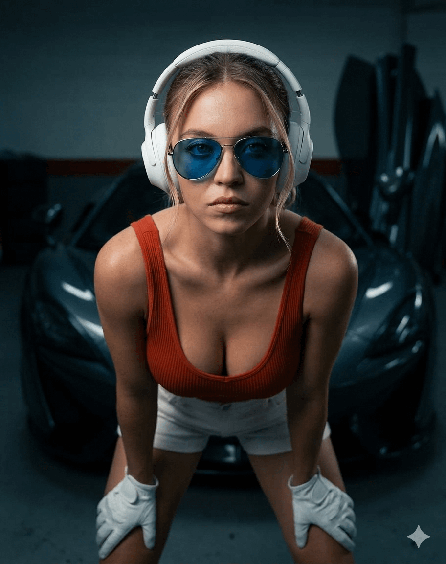 A woman in an orange-red tank top and white gloves leans forward in a moody garage, showcasing a dark supercar in the background.
