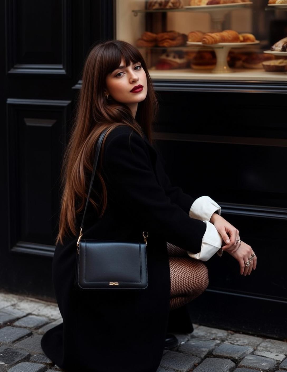 Street Bakery Fashion Young Woman Crouching reference photo