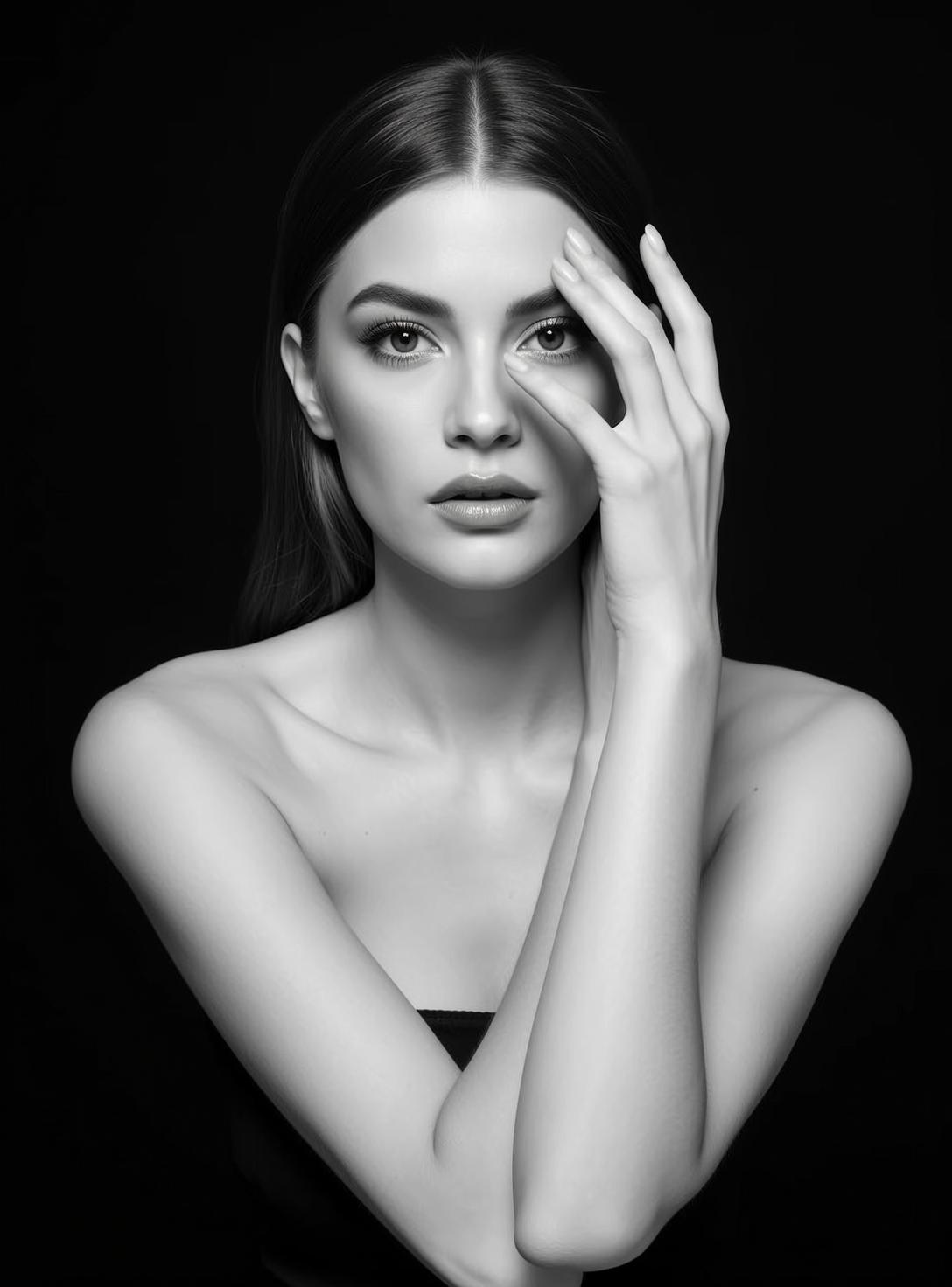 Portrait Young Woman With Long Dark Straight Hair Parted The reference photo