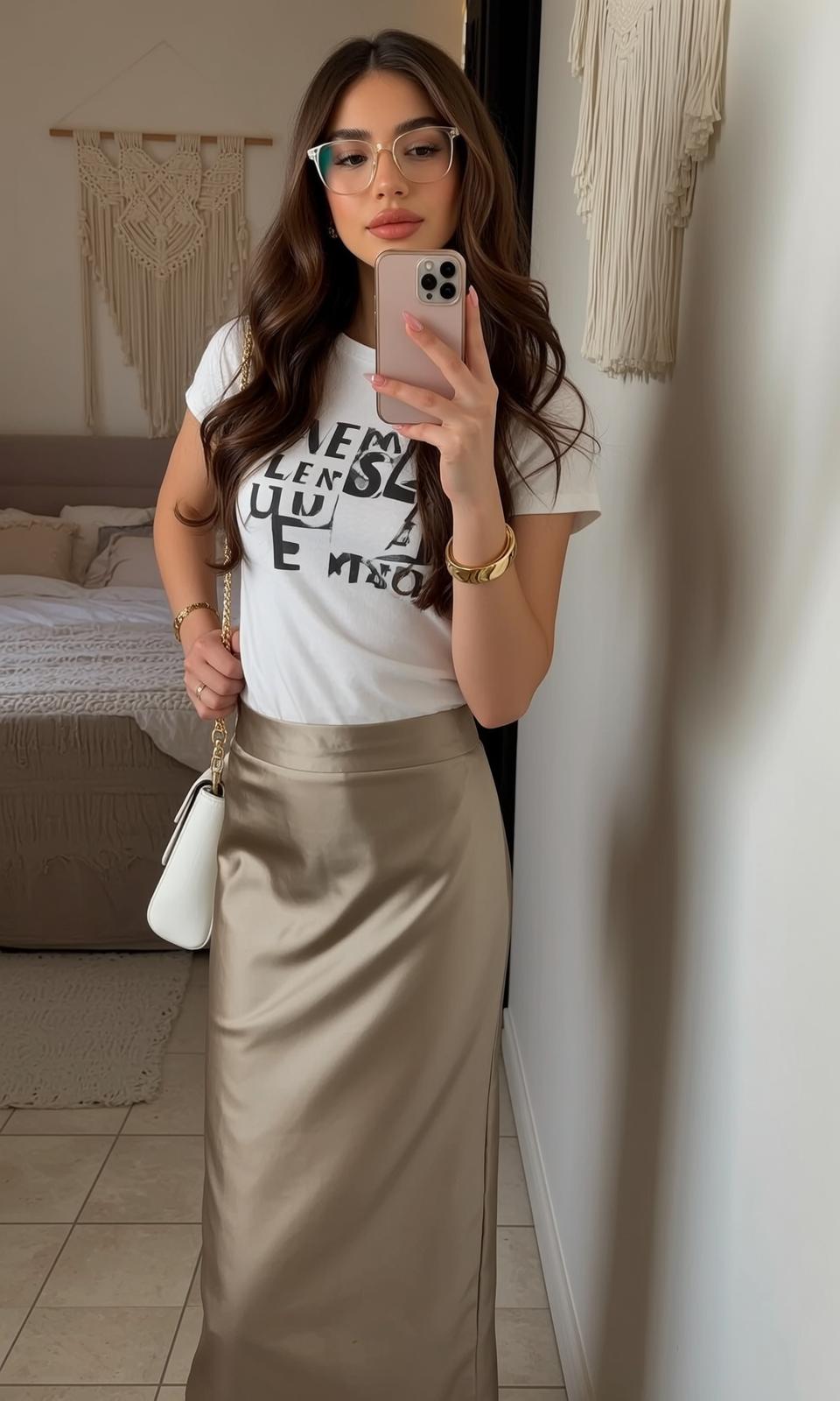 Champagne Satin Skirt Selfie reference photo