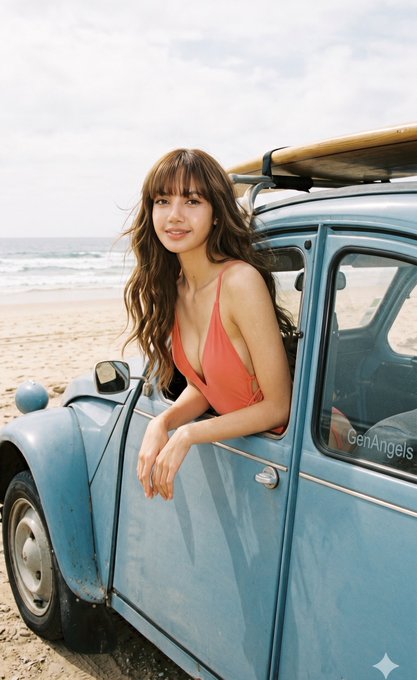 Vintage Car Beach Scene Coral Swimsuit Surfboard
