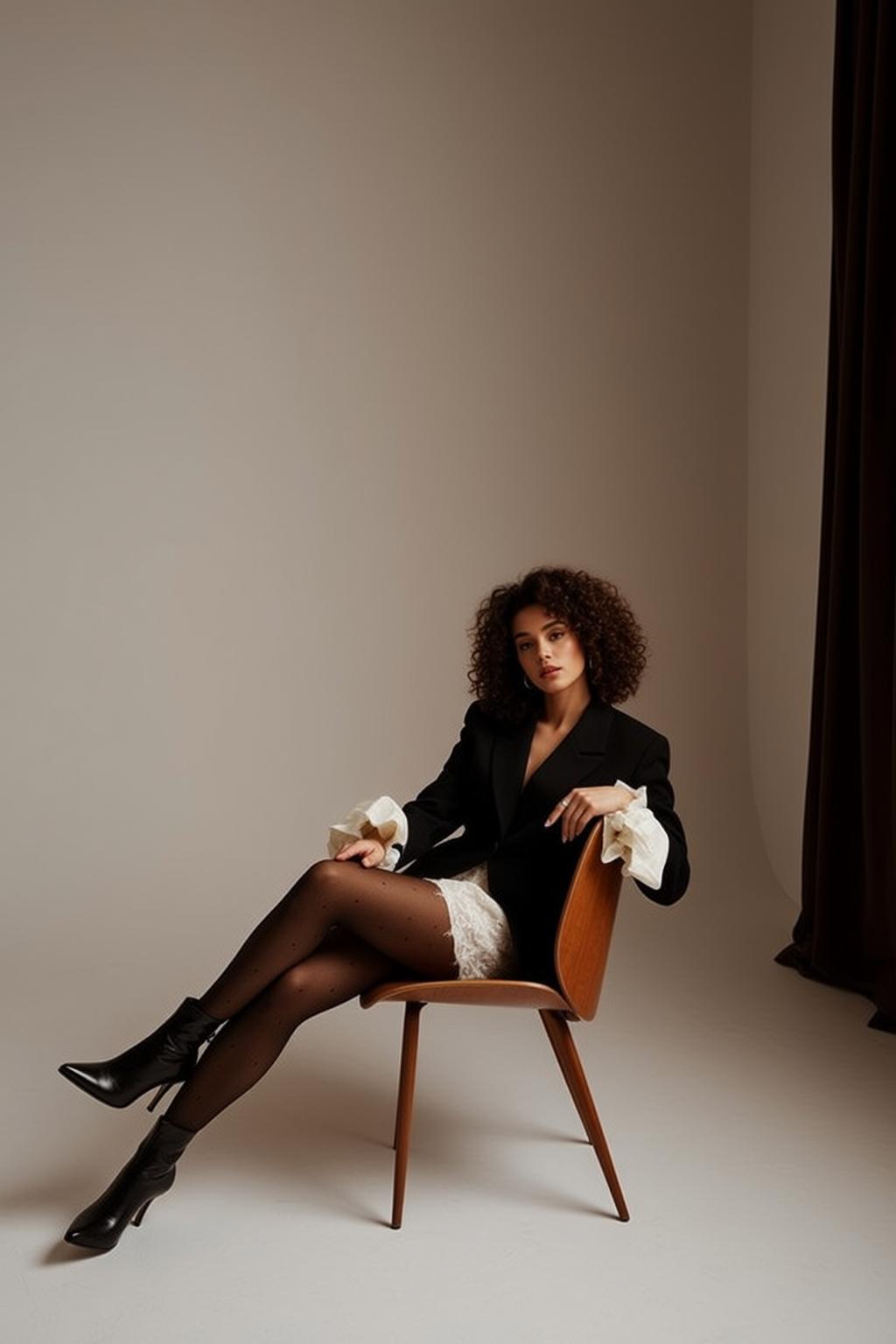 Coquettecore Seated Wooden Chair Her Body Angled reference photo