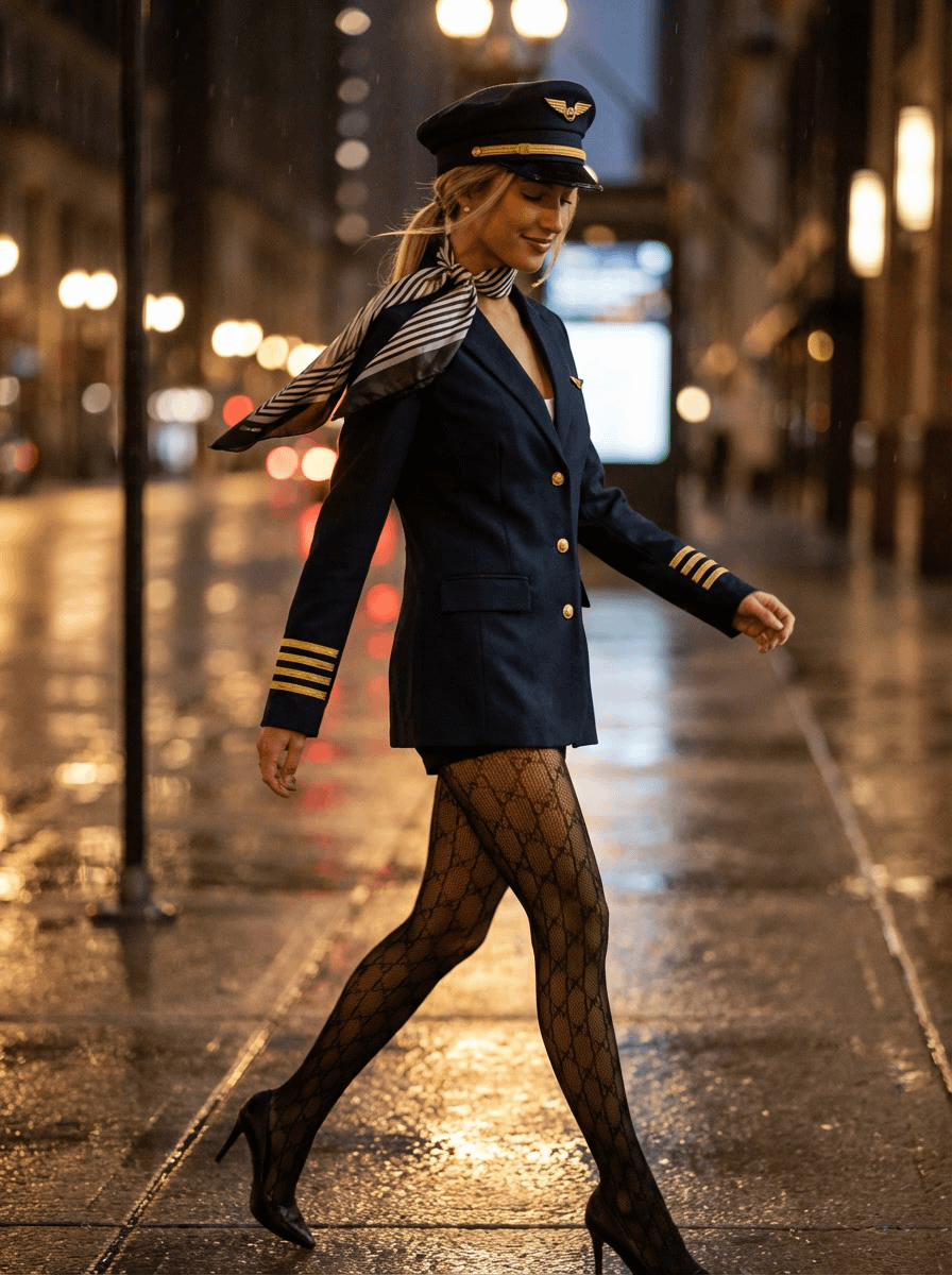 Night City Street Pilot Uniform Wet Pavement Reflections